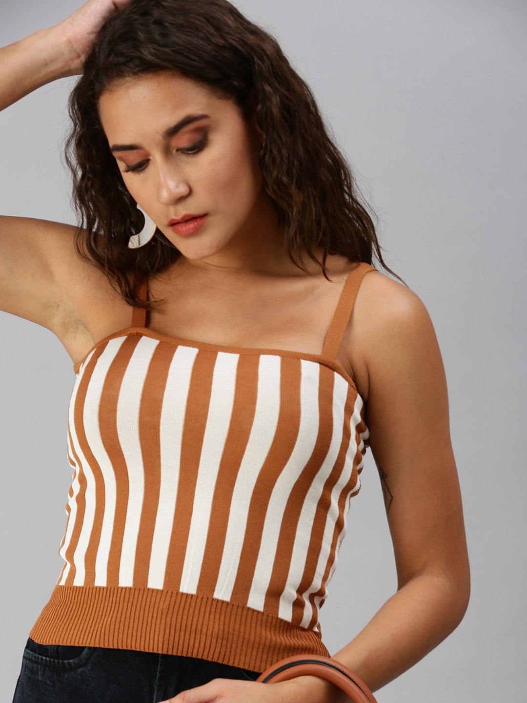 

SHOWOFF Brown & White Striped Shoulder Straps Regular Crop Top