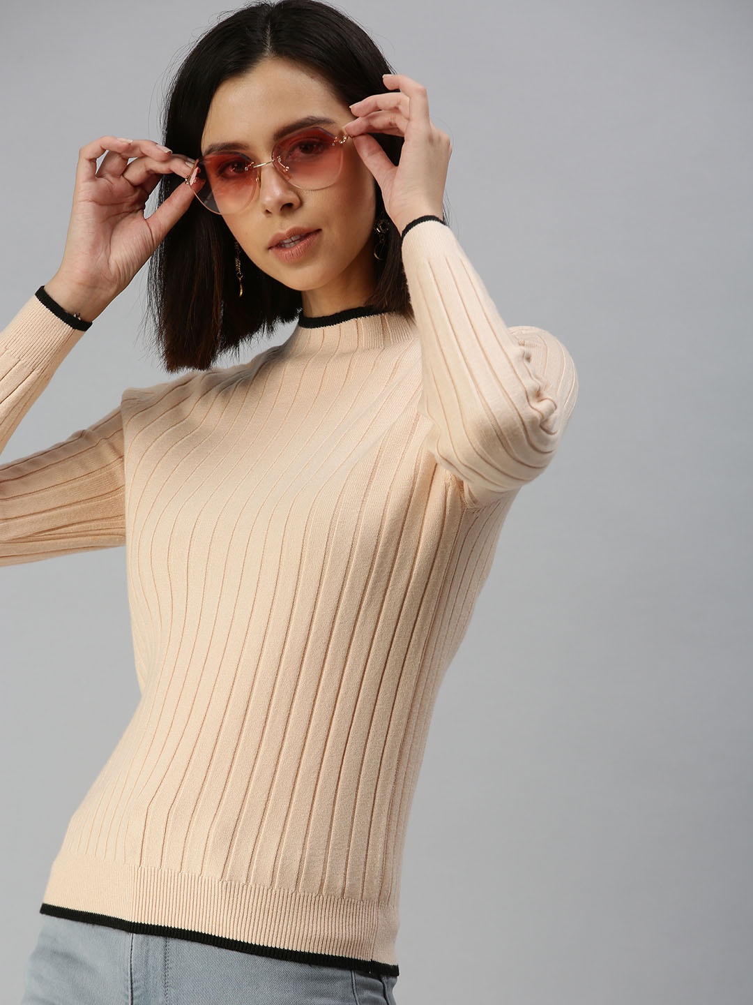 

SHOWOFF Peach-Coloured High Neck Striped Top