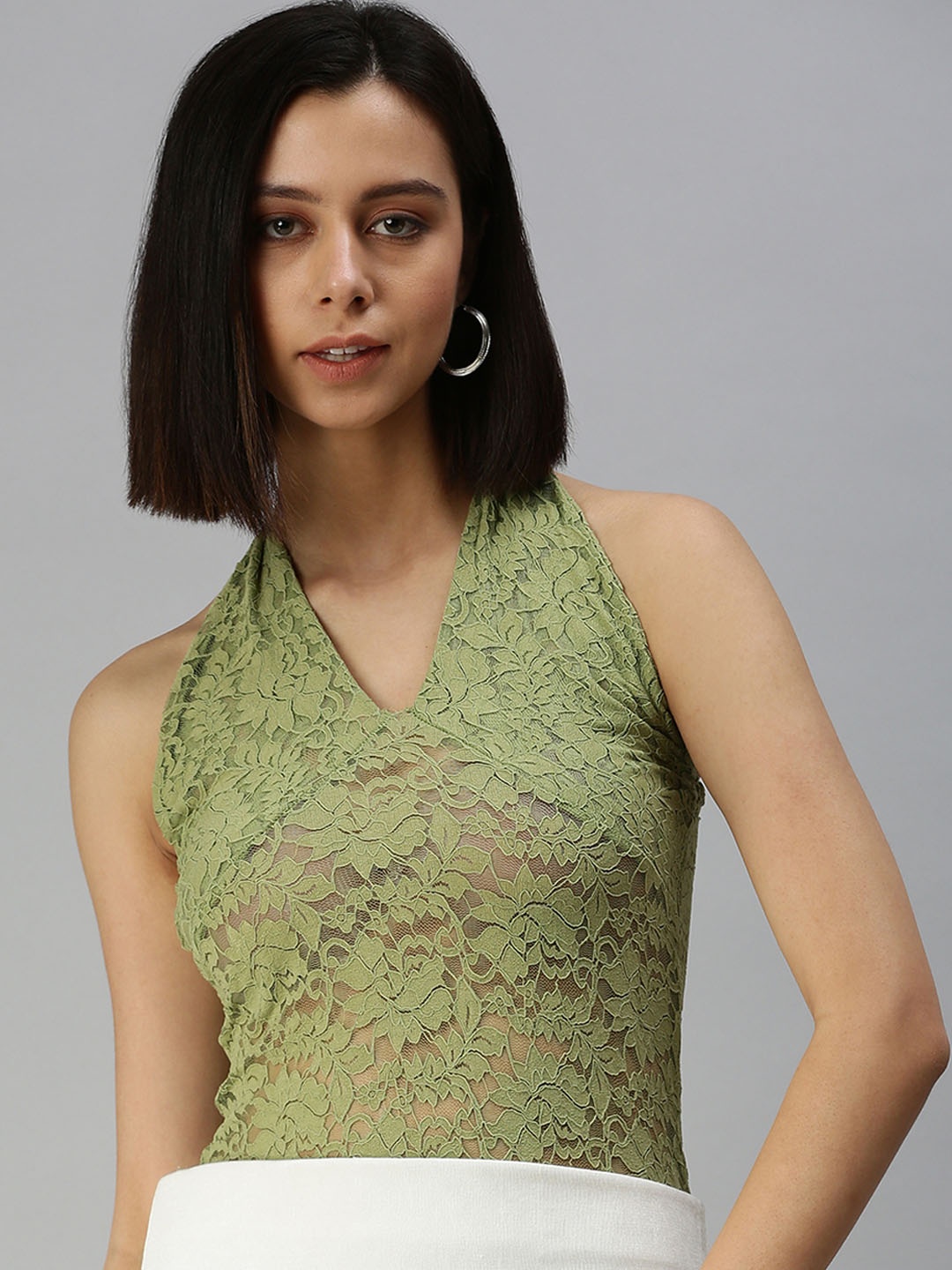 

SHOWOFF Olive Green Halter Neck Lace Crop Top