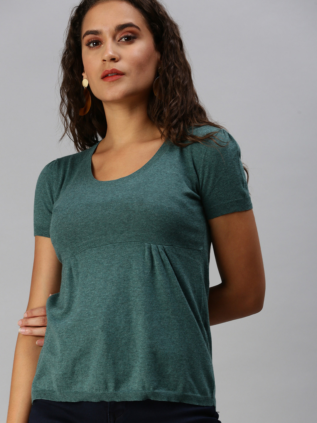 

SHOWOFF Teal Green Solid Knitted Empire Top