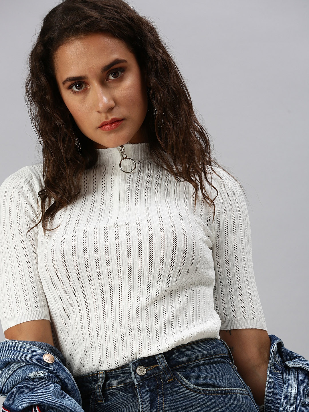 

SHOWOFF White High Neck Striped Top