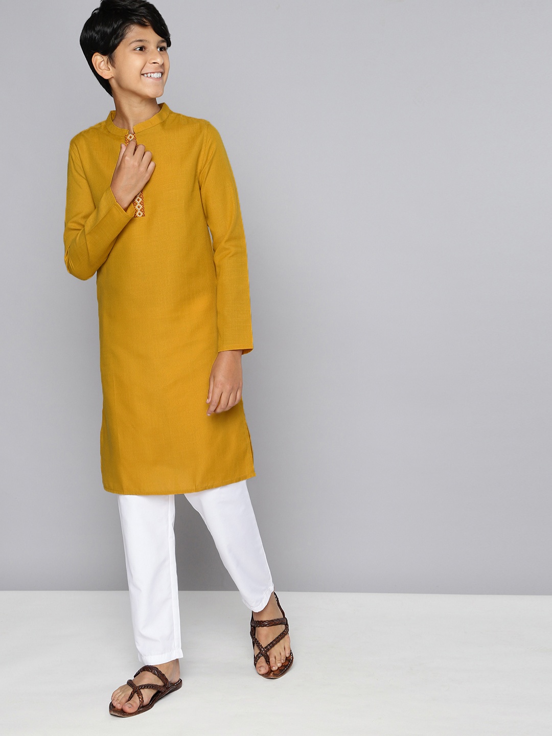 

HERE&NOW Boys Mustard Yellow Solid A-Line Kurta