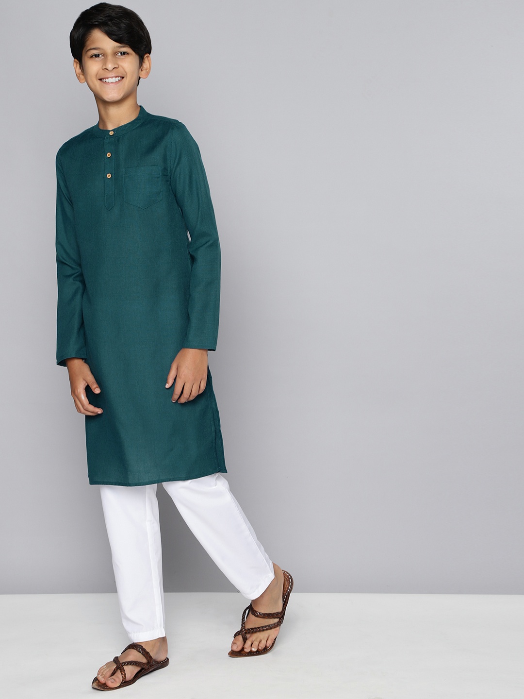 

HERE&NOW Boys Teal Green Solid A-Line Kurta