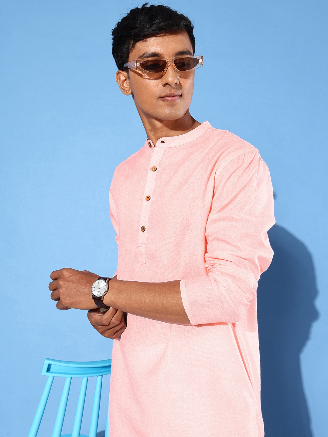 

HERE&NOW Men Peach-Coloured Solid Kurta with Trousers