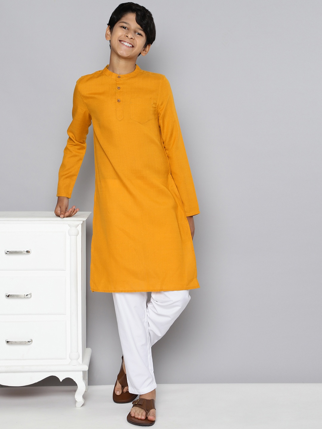 

HERE&NOW Boys Mustard Yellow Solid Kurta with Pyjamas