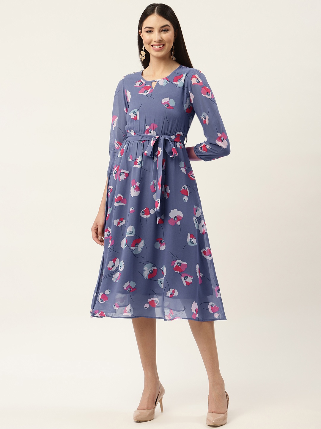 

Slenor Purple & Red Floral Georgette A-Line Midi Dress