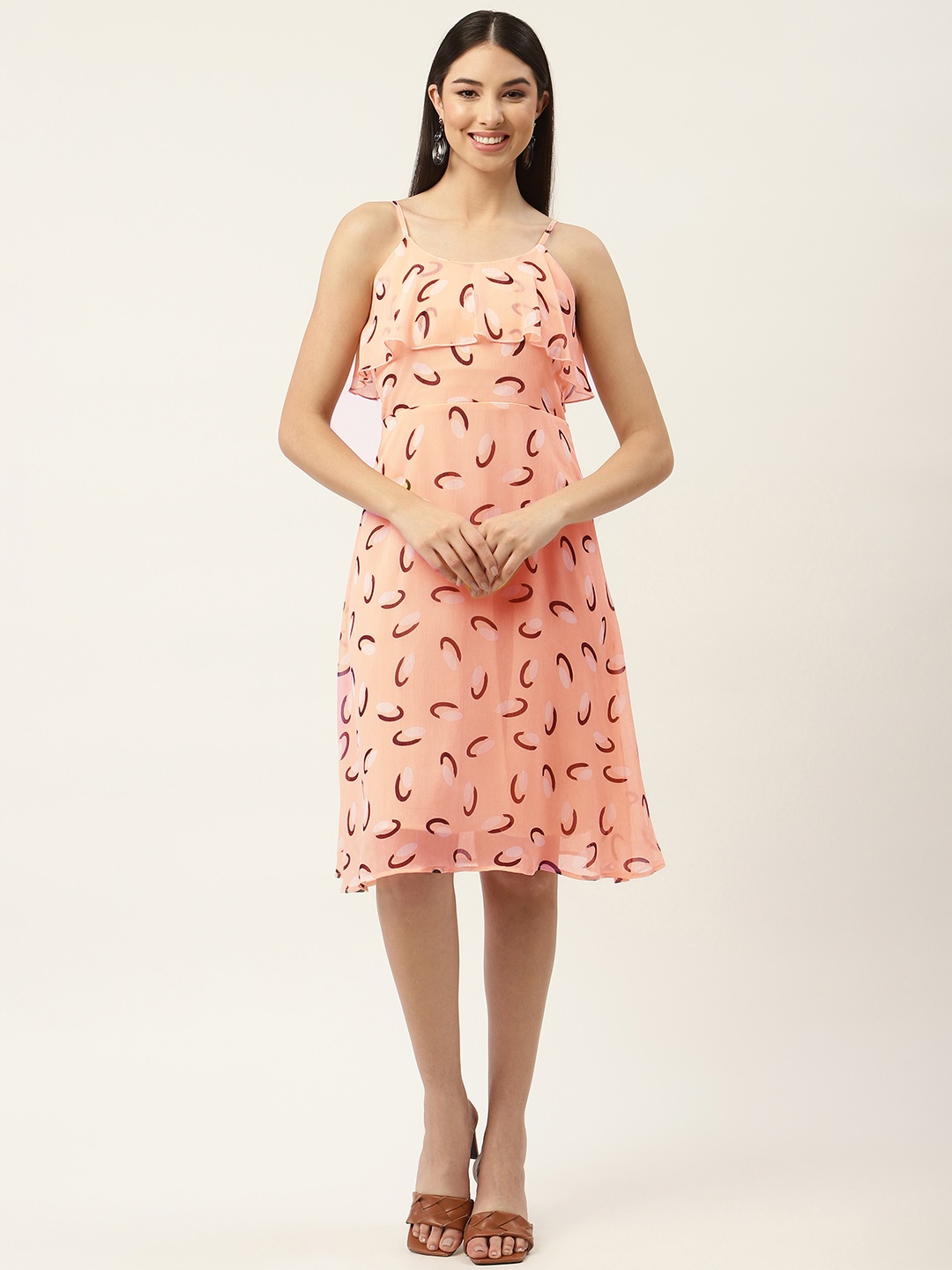 

Slenor Peach-Coloured Layered Chiffon A-Line Midi Dress