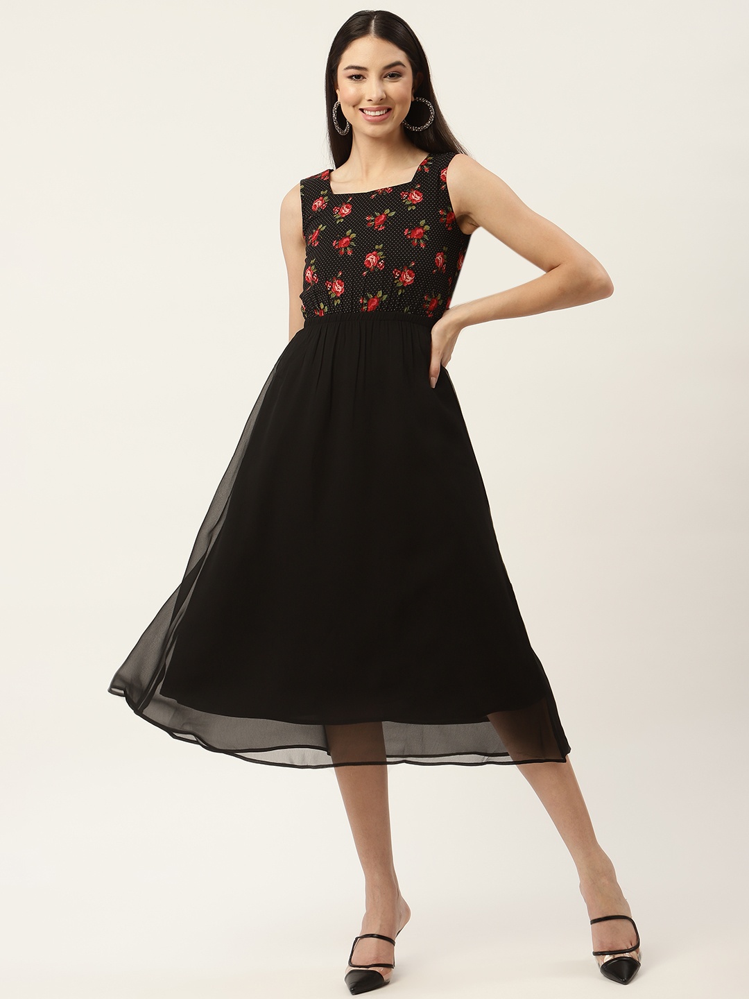 

Slenor Black & Red Floral Georgette Midi Dress