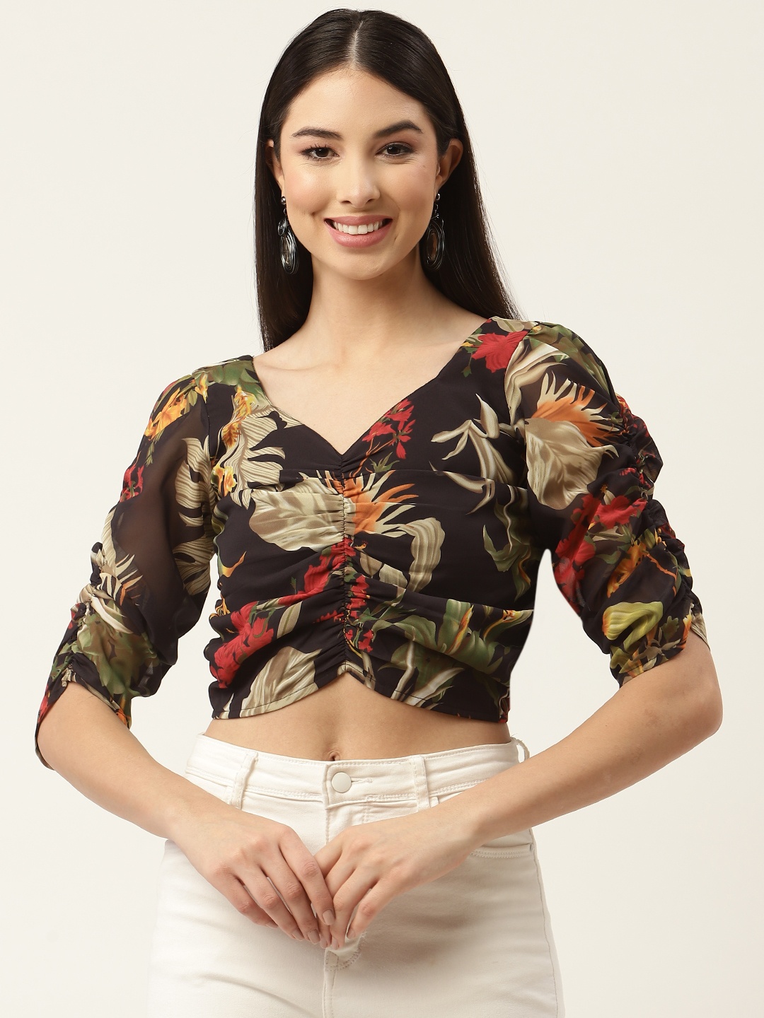 

Slenor Black & Olive Green Floral Print Georgette Crop Top