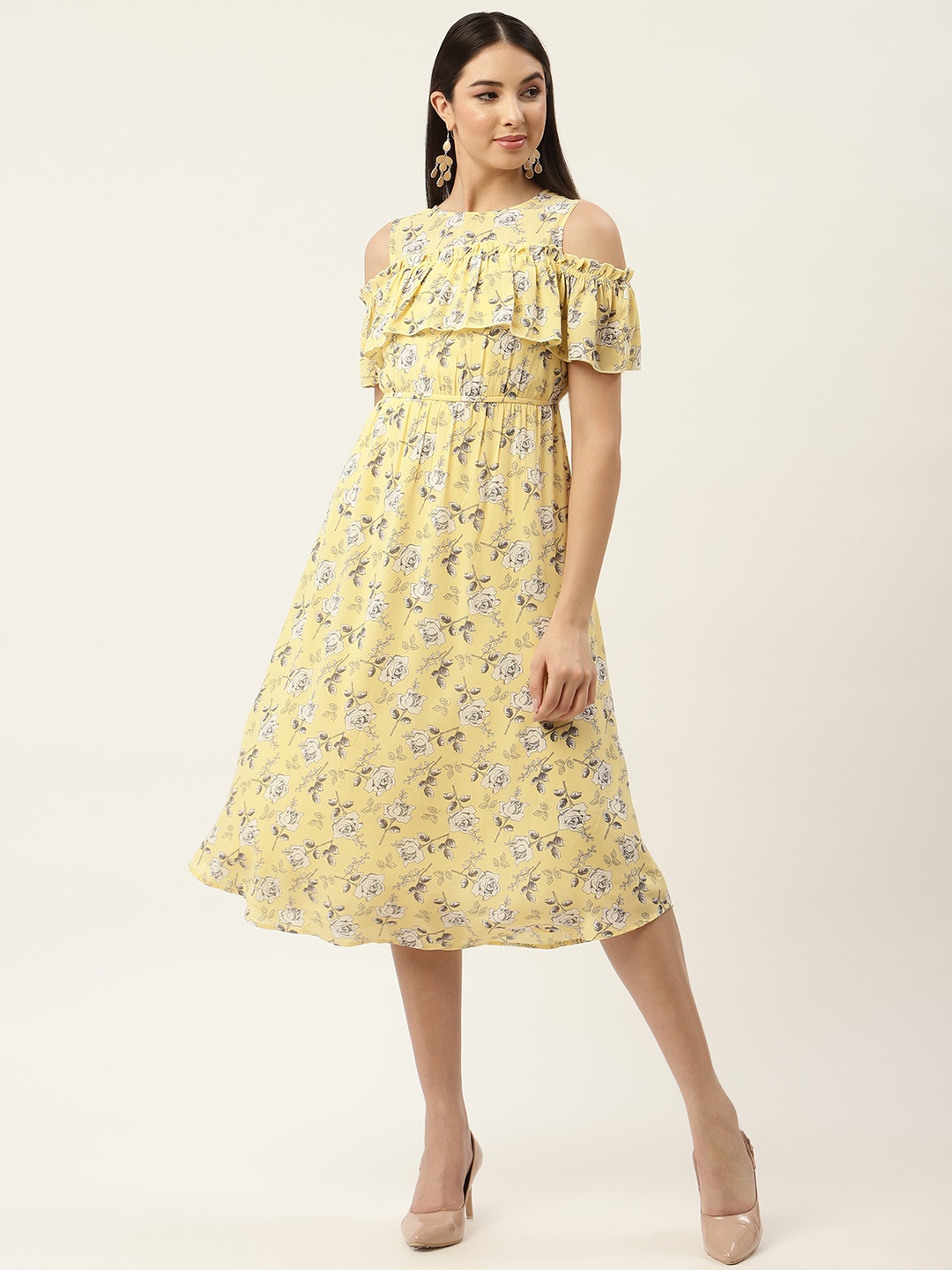 

Slenor Yellow Floral Georgette Midi Dress
