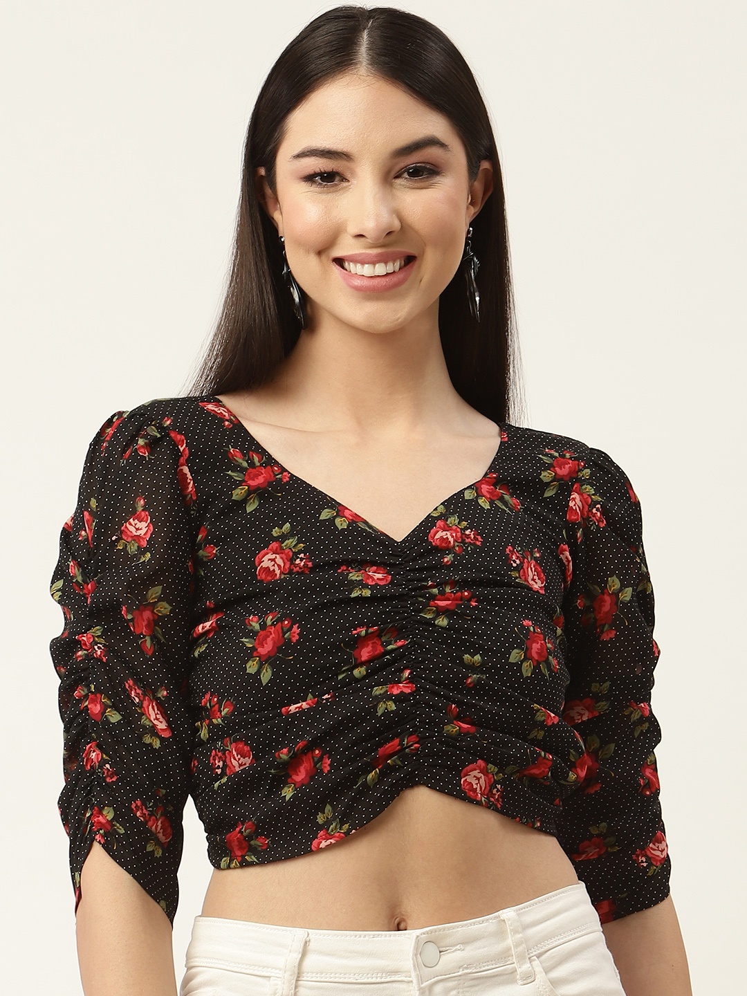 

Slenor Black & Red Floral Print Georgette Crop Top