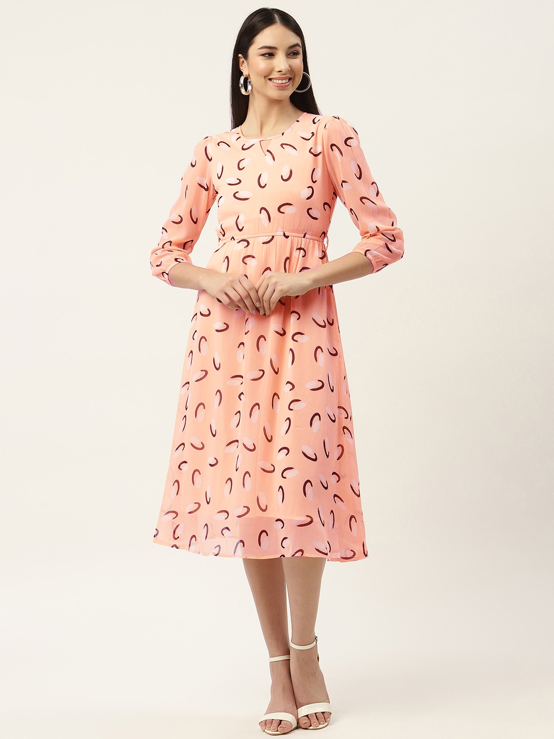 

Slenor Peach-Coloured Keyhole Neck Chiffon Midi Dress