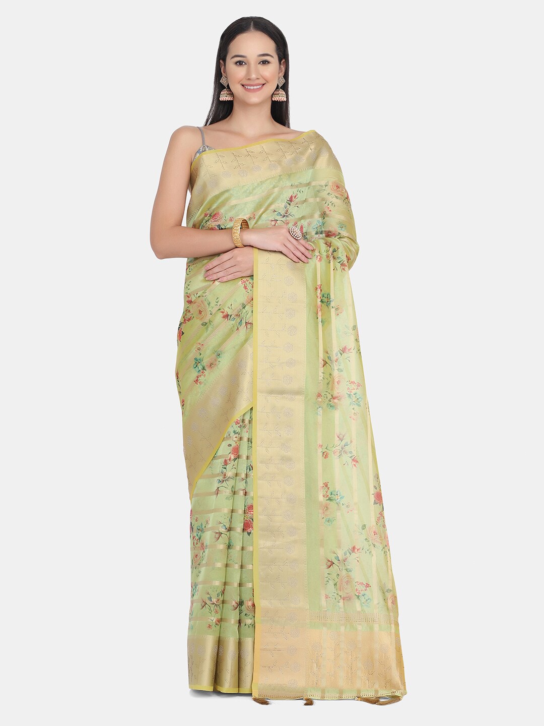 

BOMBAY SELECTIONS Green & Red Floral Print Organza Saree