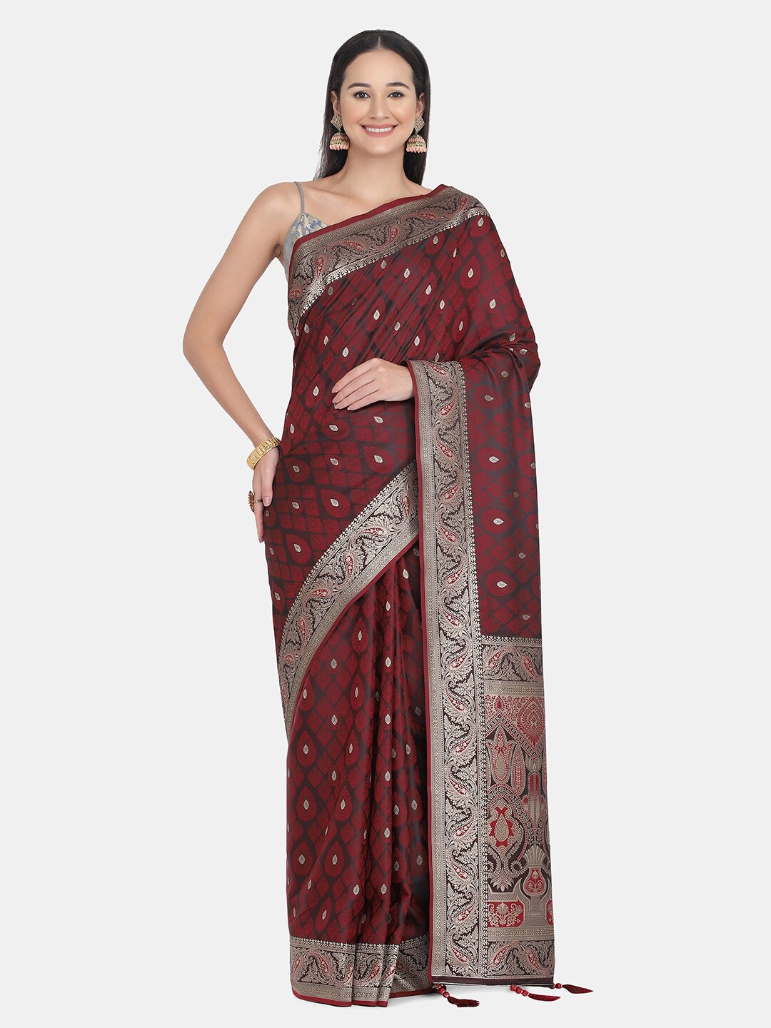 

BOMBAY SELECTIONS Maroon & Silver-Toned Woven Design Zari Pure Silk Banarasi Saree