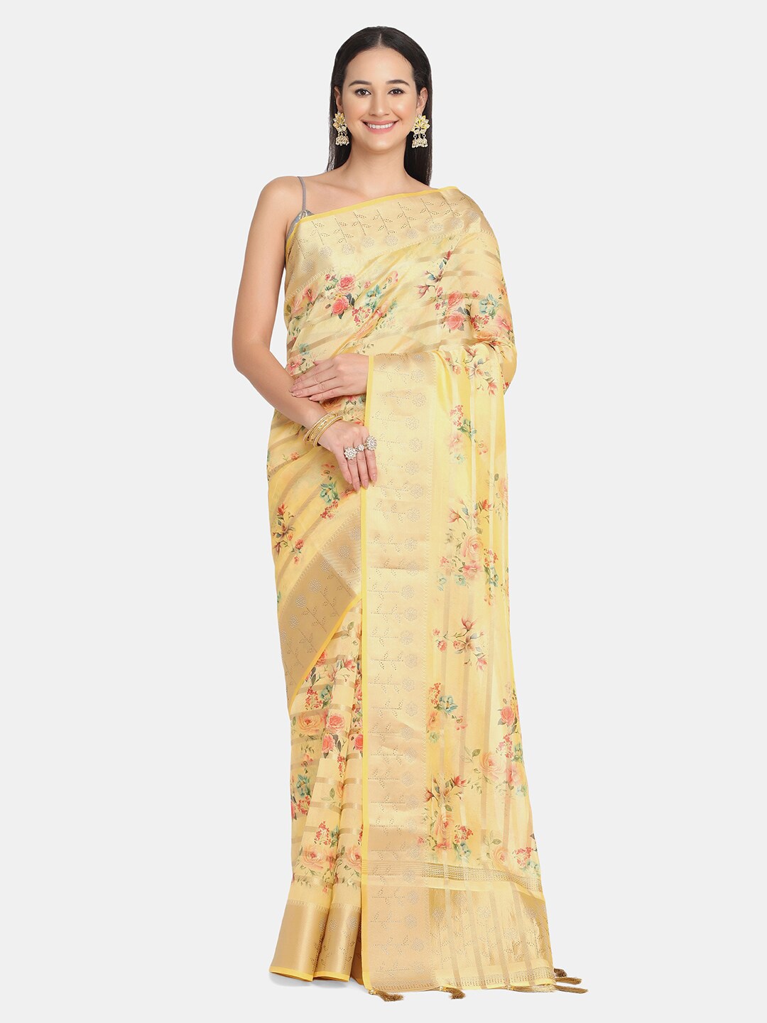 

BOMBAY SELECTIONS Yellow & Pink Floral Printed Organza Saree