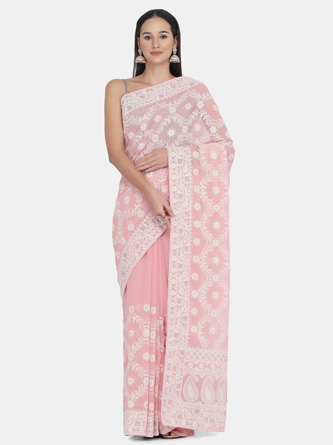 

BOMBAY SELECTIONS Peach-Coloured & White Woven Design Pure Georgette Saree
