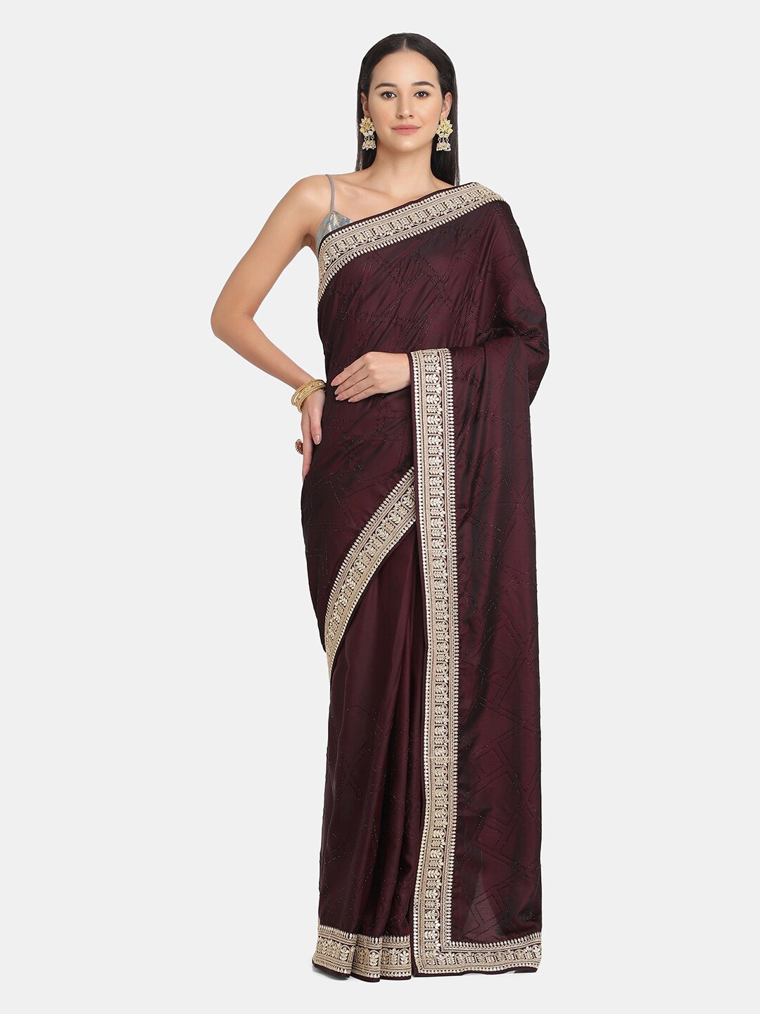 

BOMBAY SELECTIONS Burgundy & Silver Coloured Embellished Beads and Stones Pure Crepe Saree