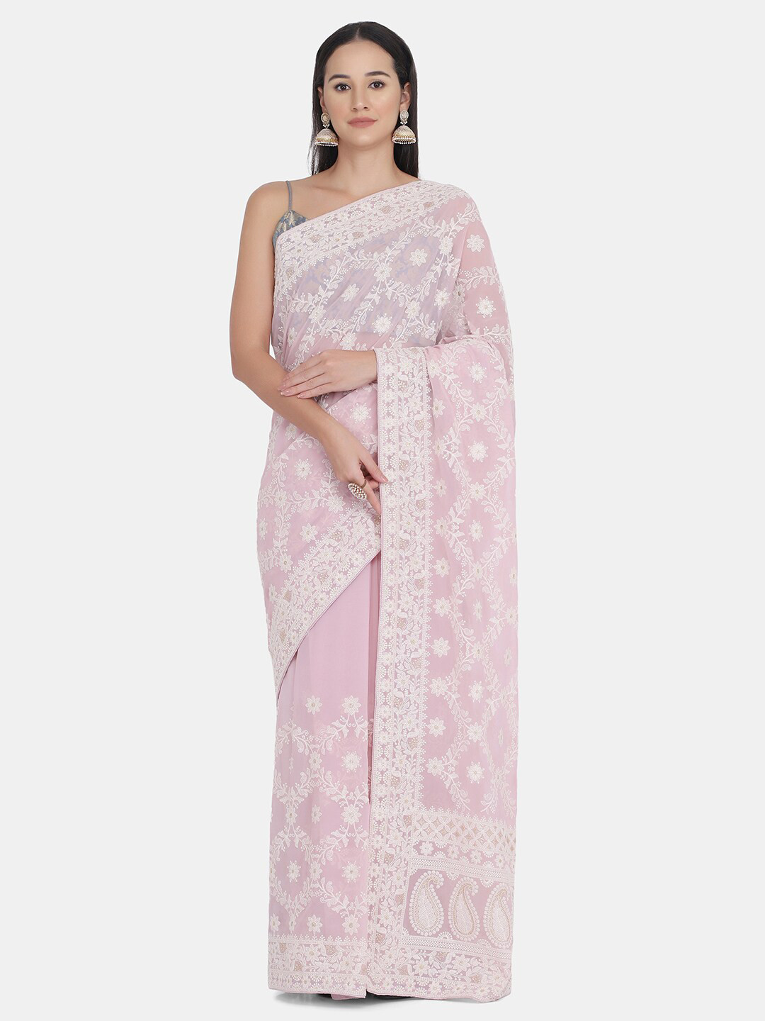 

BOMBAY SELECTIONS Pink & White Floral Embroidered Saree