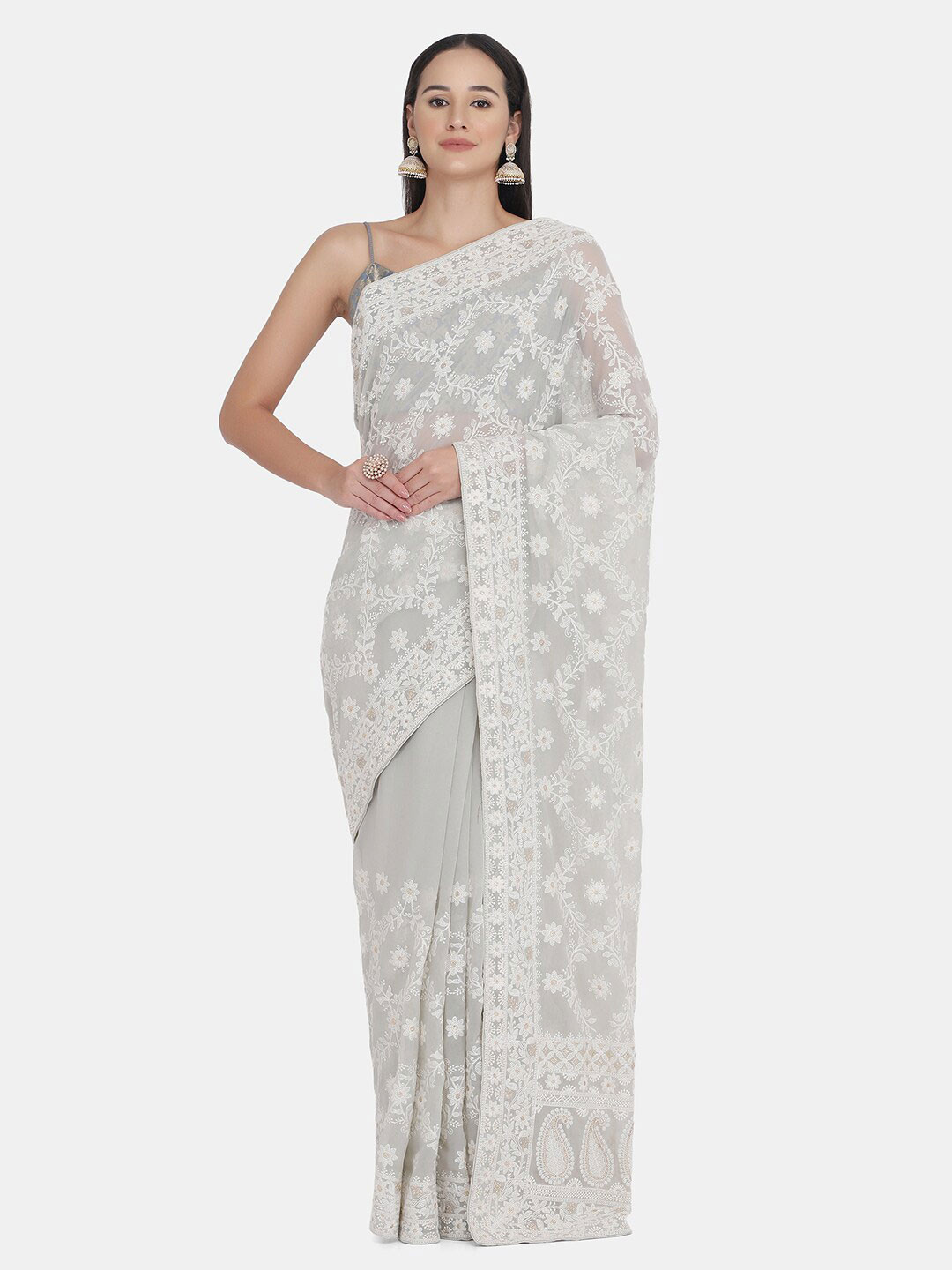 

BOMBAY SELECTIONS Grey & White Floral Embroidered Pure Georgette Saree