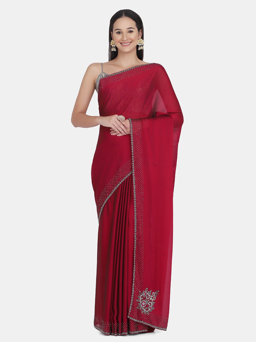 

BOMBAY SELECTIONS Maroon & Grey Beads and Stones Art Silk Saree