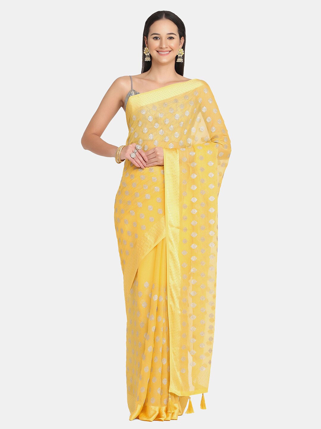 

BOMBAY SELECTIONS Yellow Floral Zari Saree