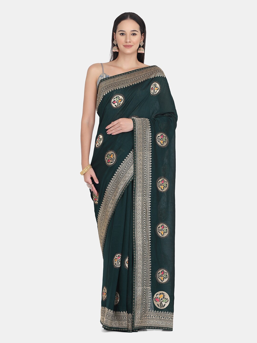 

BOMBAY SELECTIONS Green & Pink Floral Zari Saree