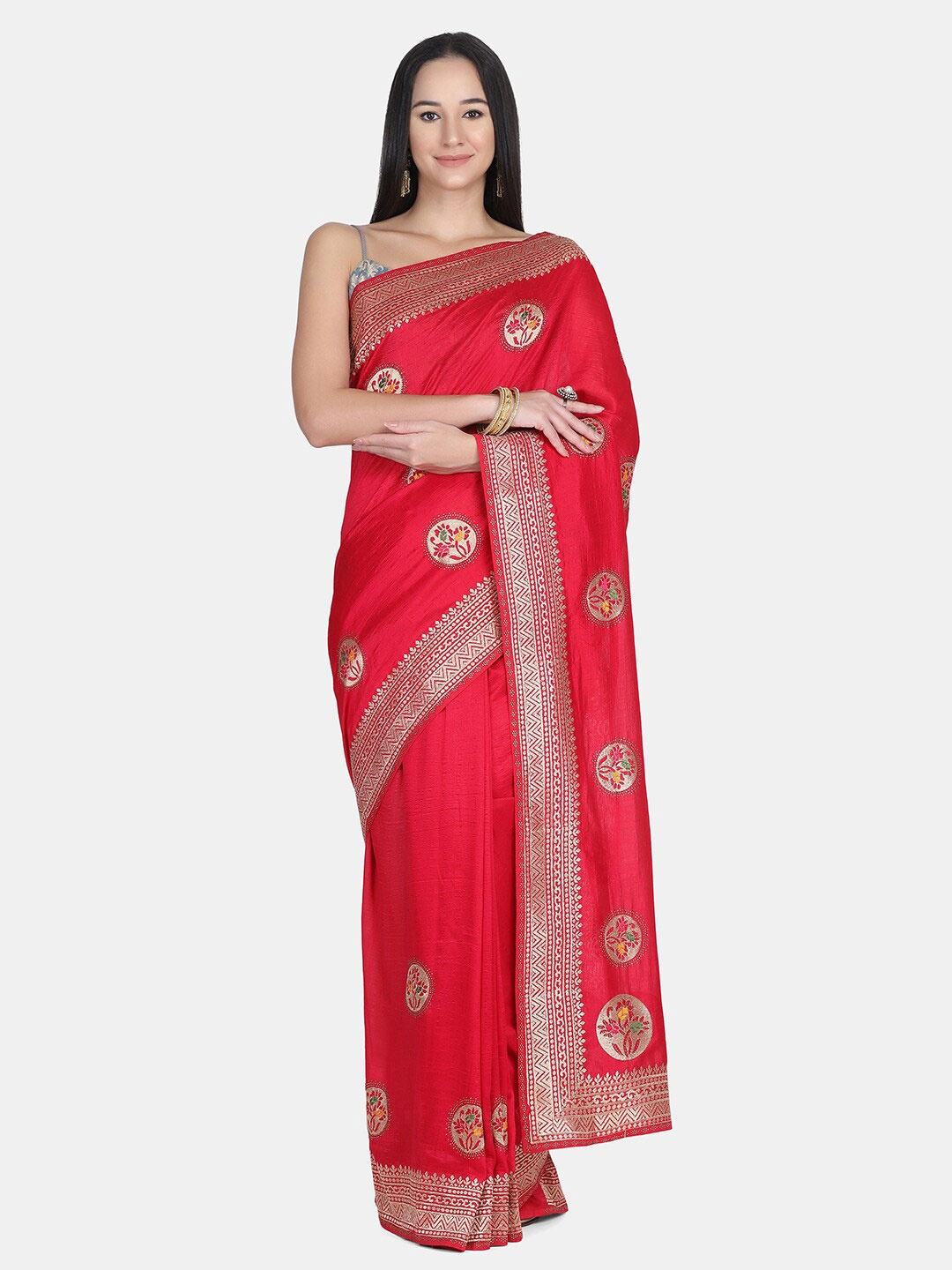 

BOMBAY SELECTIONS Red & Orange Floral Beads and Stones Saree