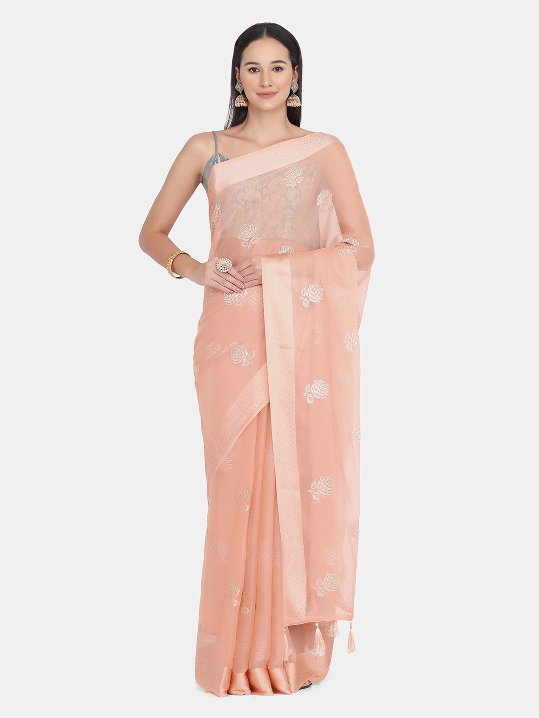 

BOMBAY SELECTIONS Peach-Coloured & White Ethnic Motifs Embroidered Saree