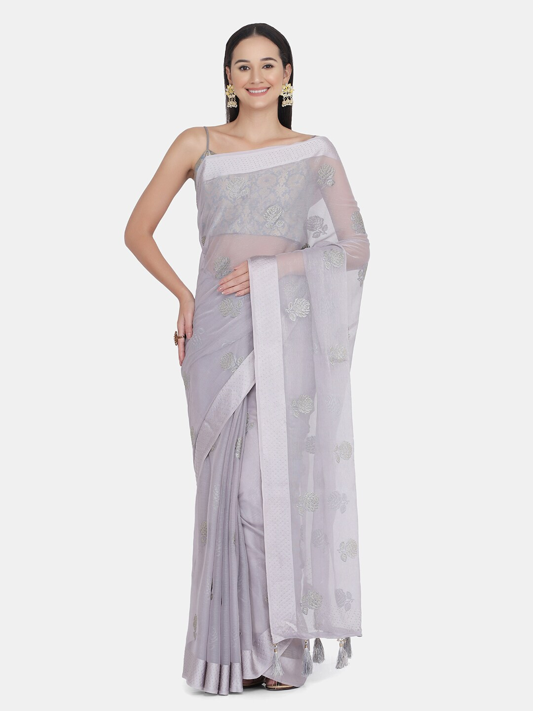 

BOMBAY SELECTIONS Grey & Silver-Toned Floral Embroidered Saree