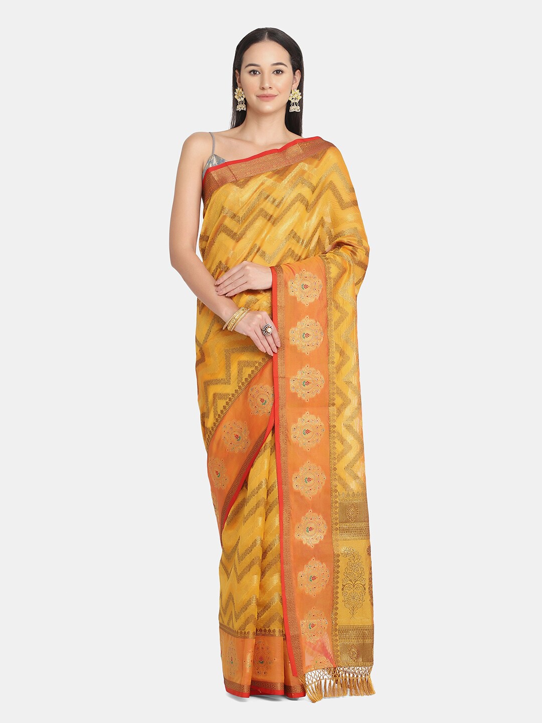 

BOMBAY SELECTIONS Yellow & Gold-Toned Floral Zari Organza Banarasi Saree