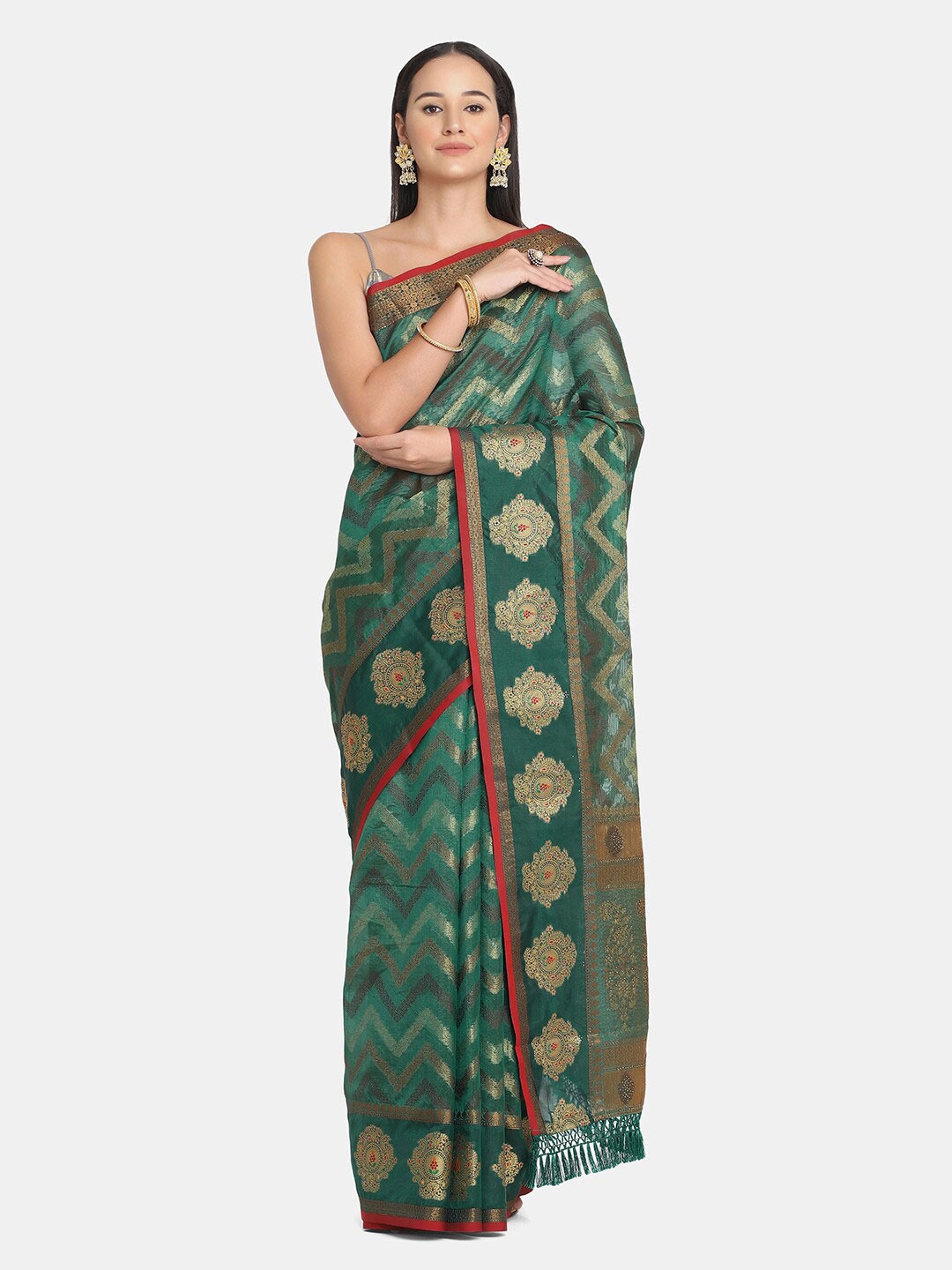 

BOMBAY SELECTIONS Green & Golden Ethnic Motifs Zari Organza Banarasi Saree