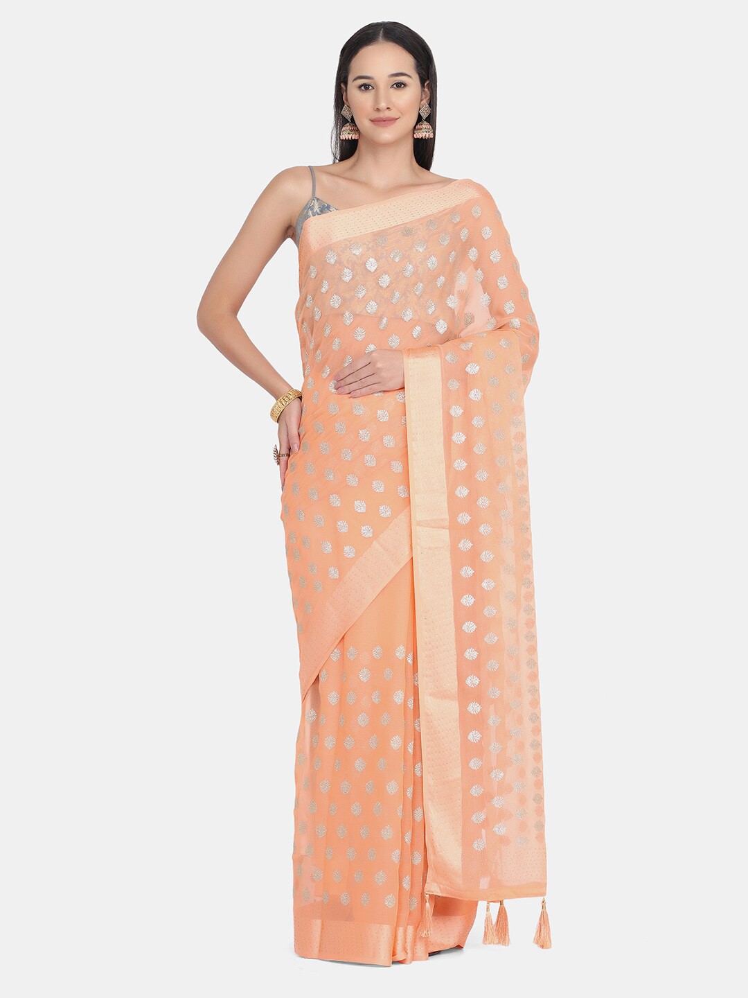 

BOMBAY SELECTIONS Peach-Coloured & Silver Ethnic Motifs Saree