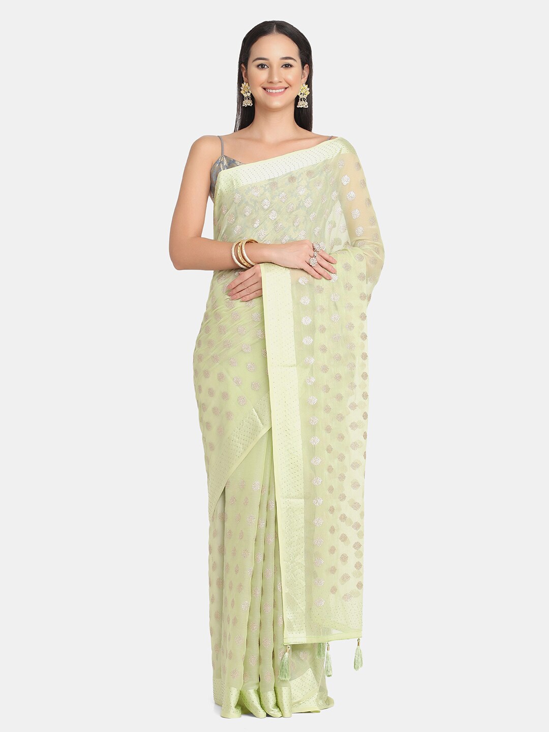 

BOMBAY SELECTIONS Green & Silver-Toned Embellished Saree