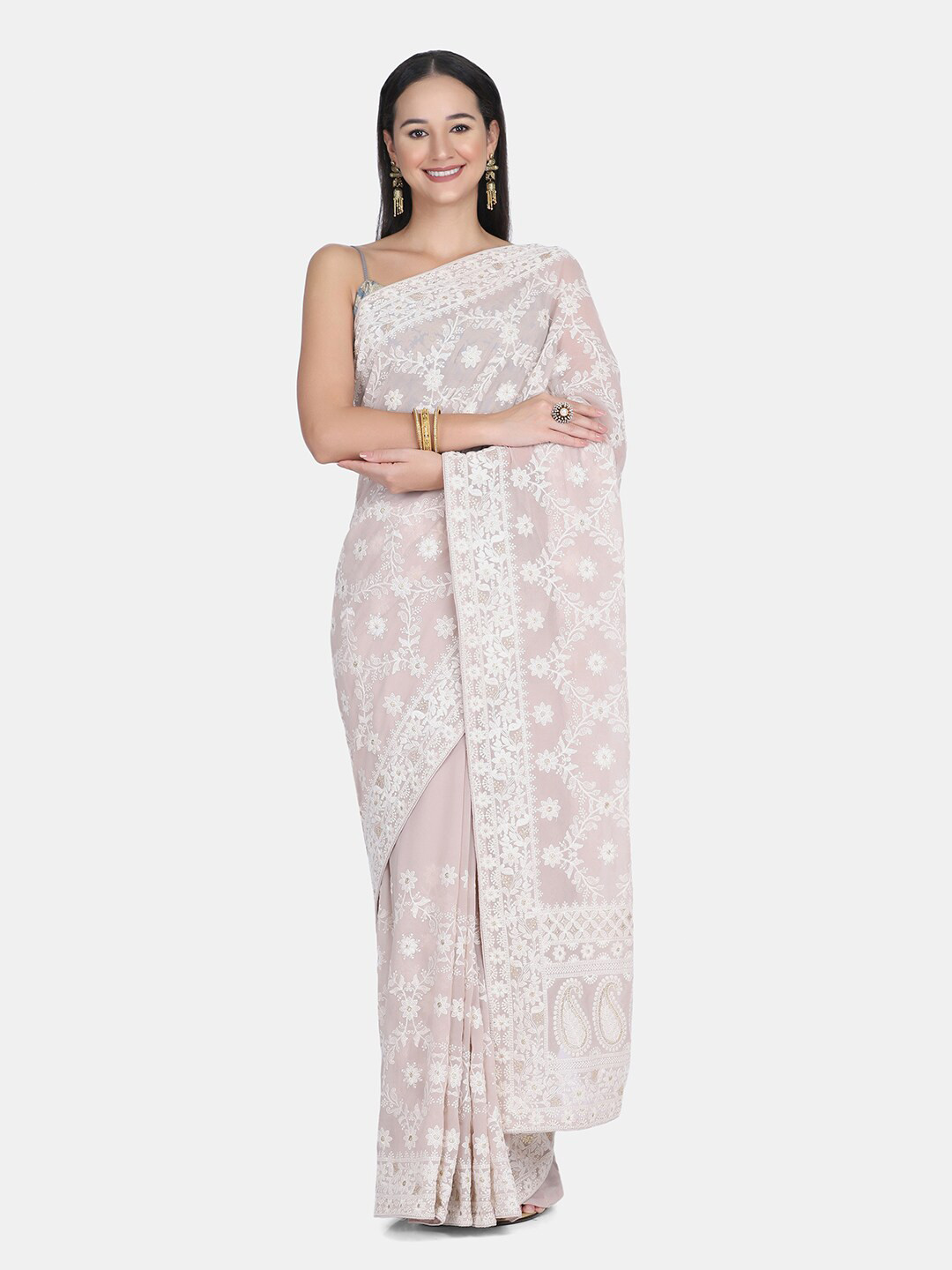 

BOMBAY SELECTIONS White & Beige Floral Embroidered Pure Georgette Saree