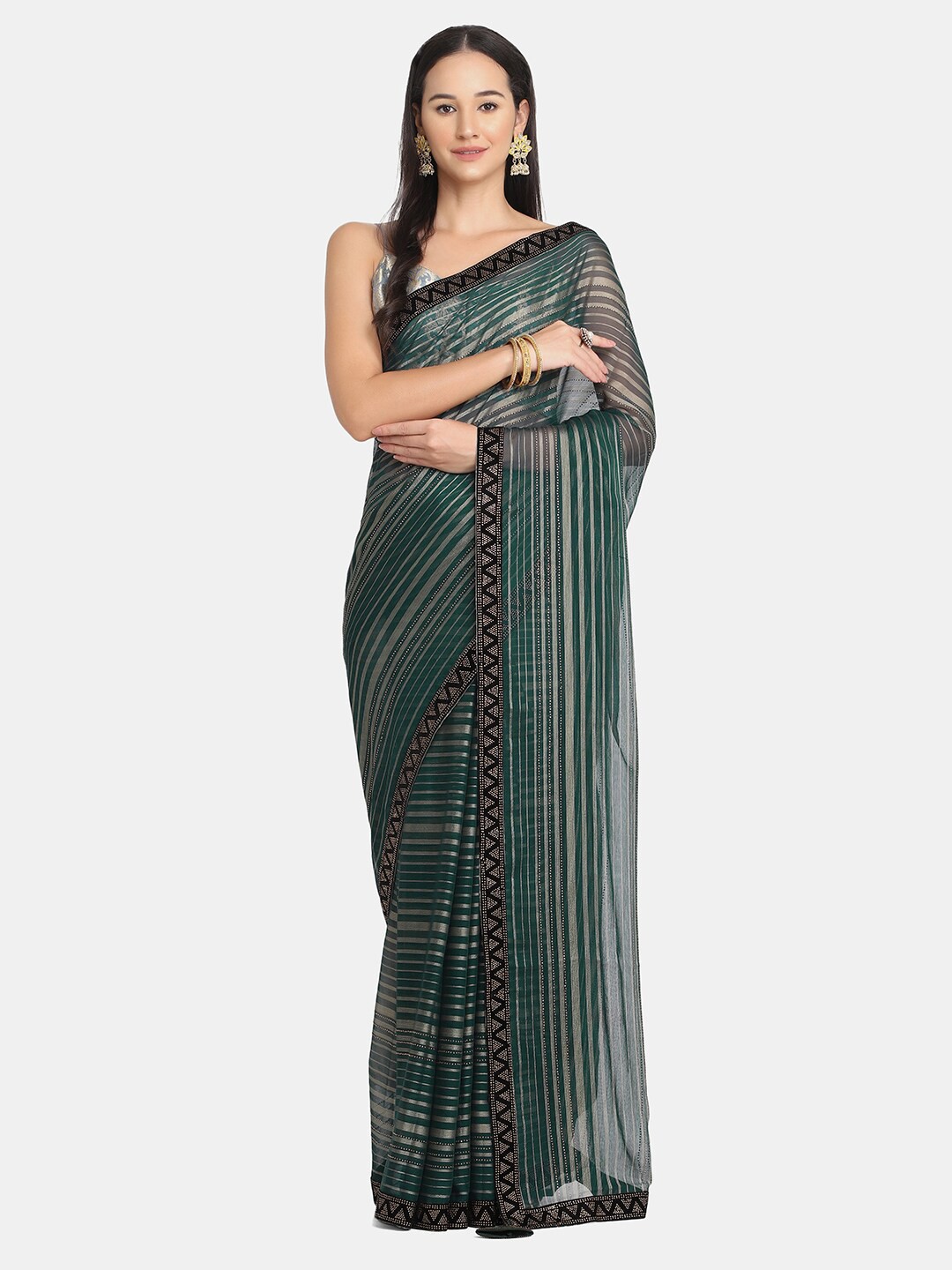 

BOMBAY SELECTIONS Green & Silver-Toned Woven Design Saree