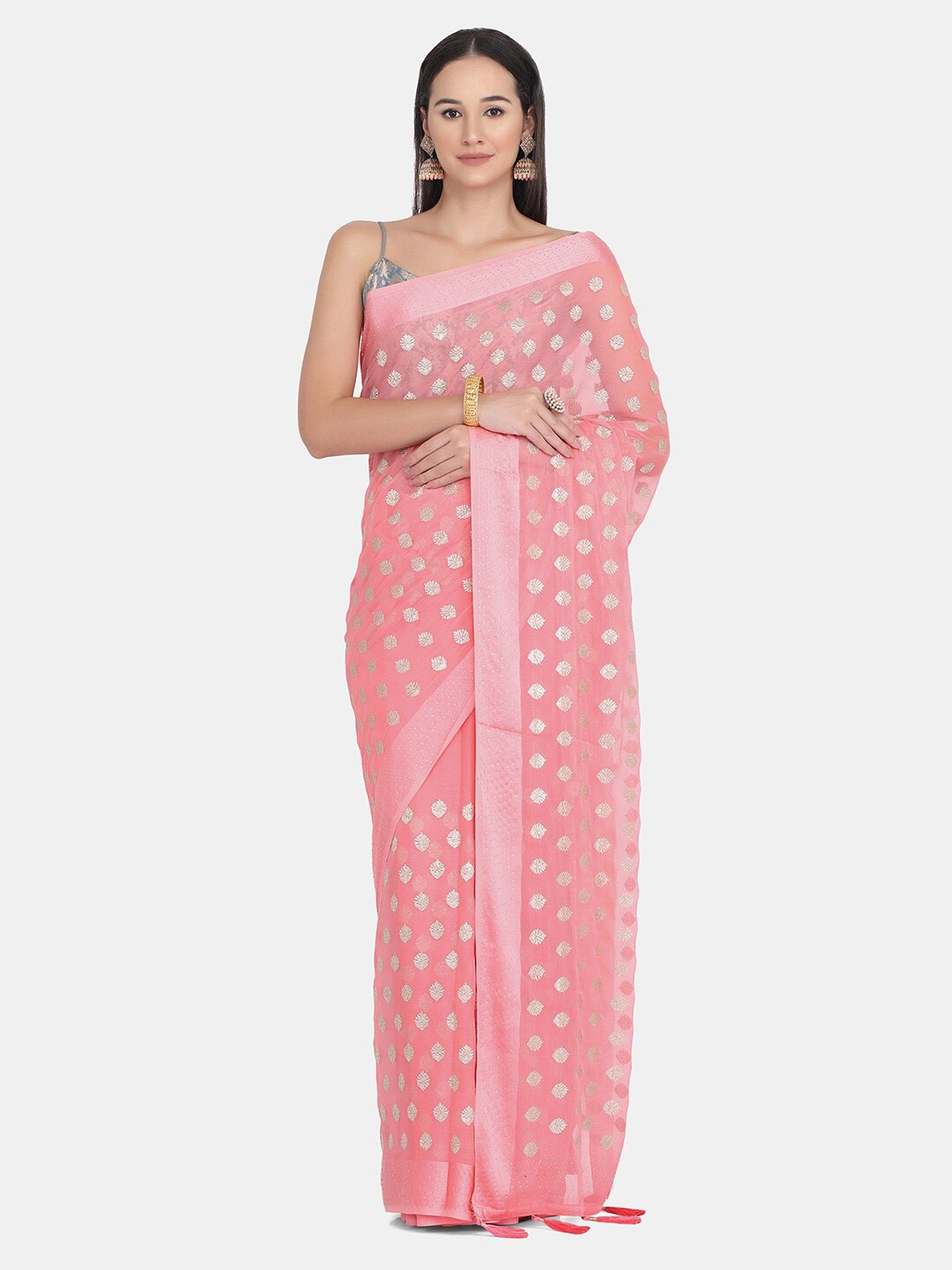 

BOMBAY SELECTIONS Pink & Silver-Toned Woven Design Beads & Stones Saree