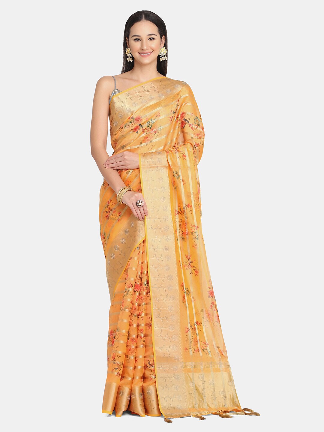 

BOMBAY SELECTIONS Peach-Coloured & Green Floral Zari Organza Saree