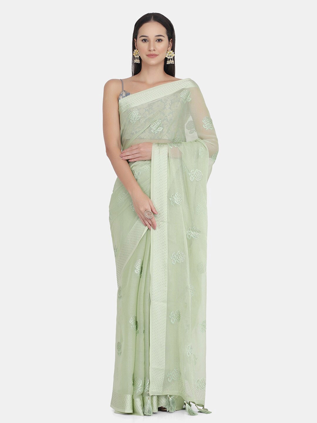 

BOMBAY SELECTIONS Green & White Floral Embroidered Saree