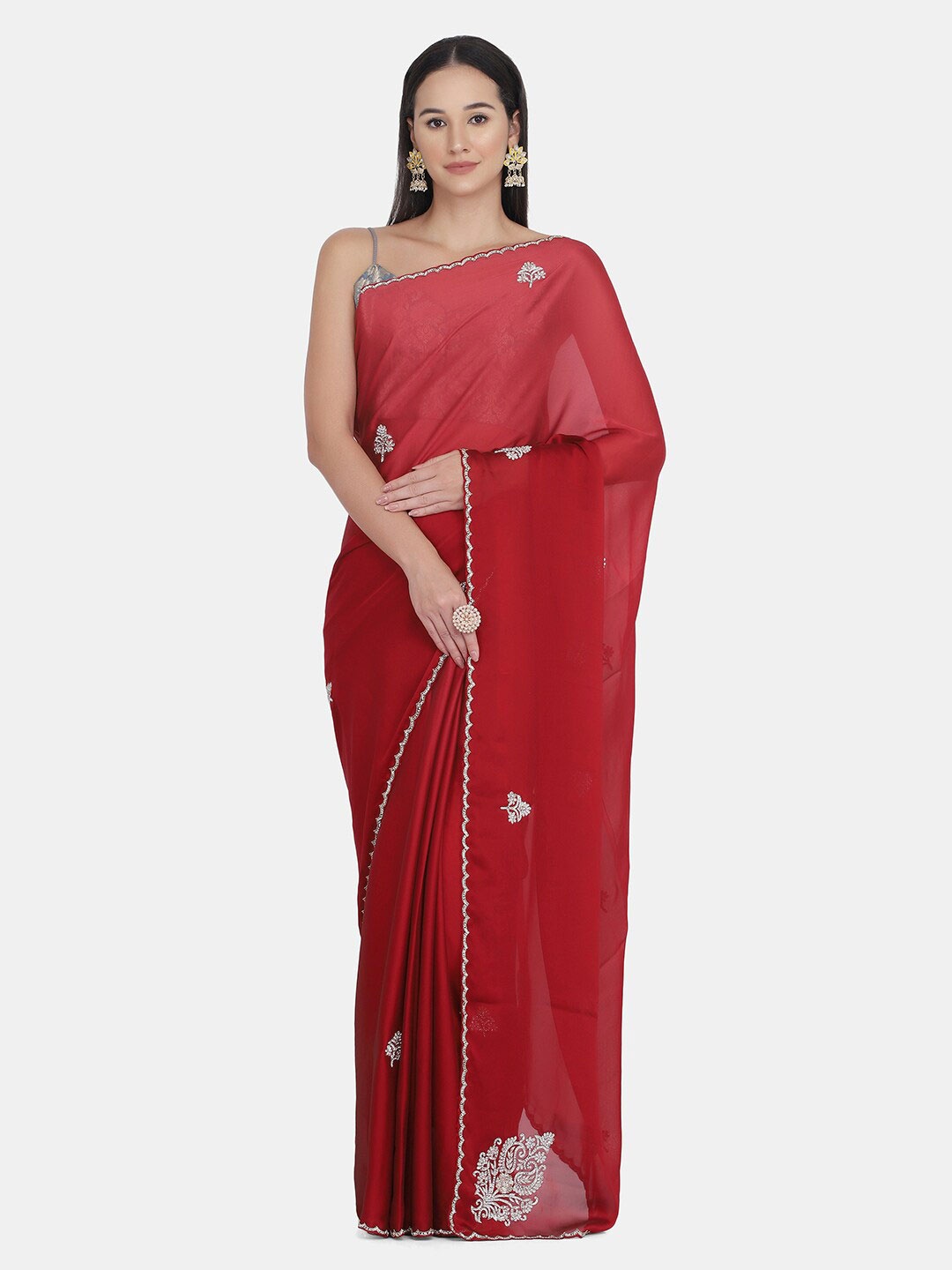 

BOMBAY SELECTIONS Maroon & Silver-Toned Embellished Beads and Stones Art Silk Saree