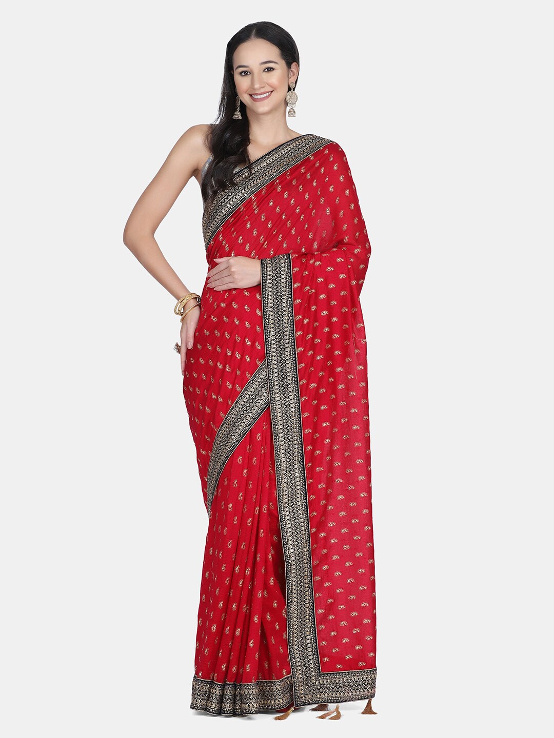 

BOMBAY SELECTIONS Maroon & Gold-Toned Embroidered Saree