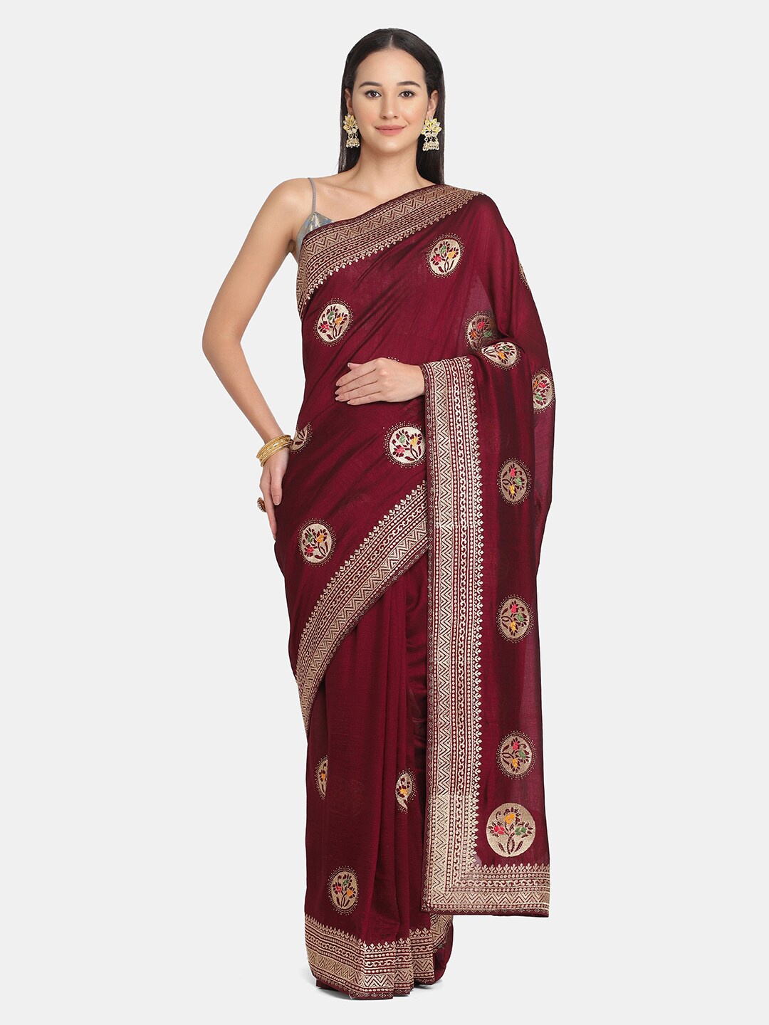 

BOMBAY SELECTIONS Purple & Silver-Toned Woven Design Beads and Stones Saree