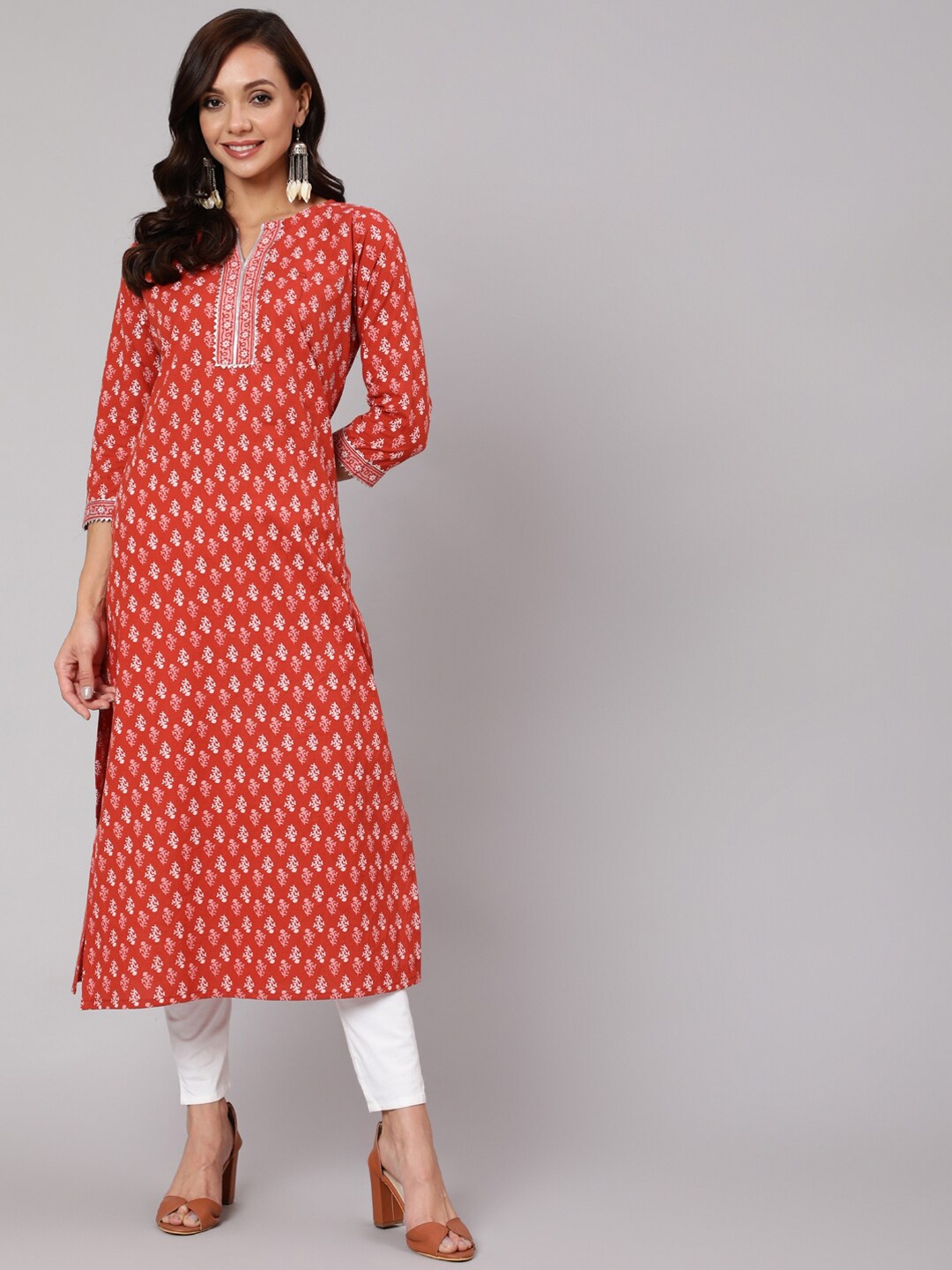 

AASI - HOUSE OF NAYO Women Rust Ethnic Motifs Printed Gotta Patti Cotton Kurta