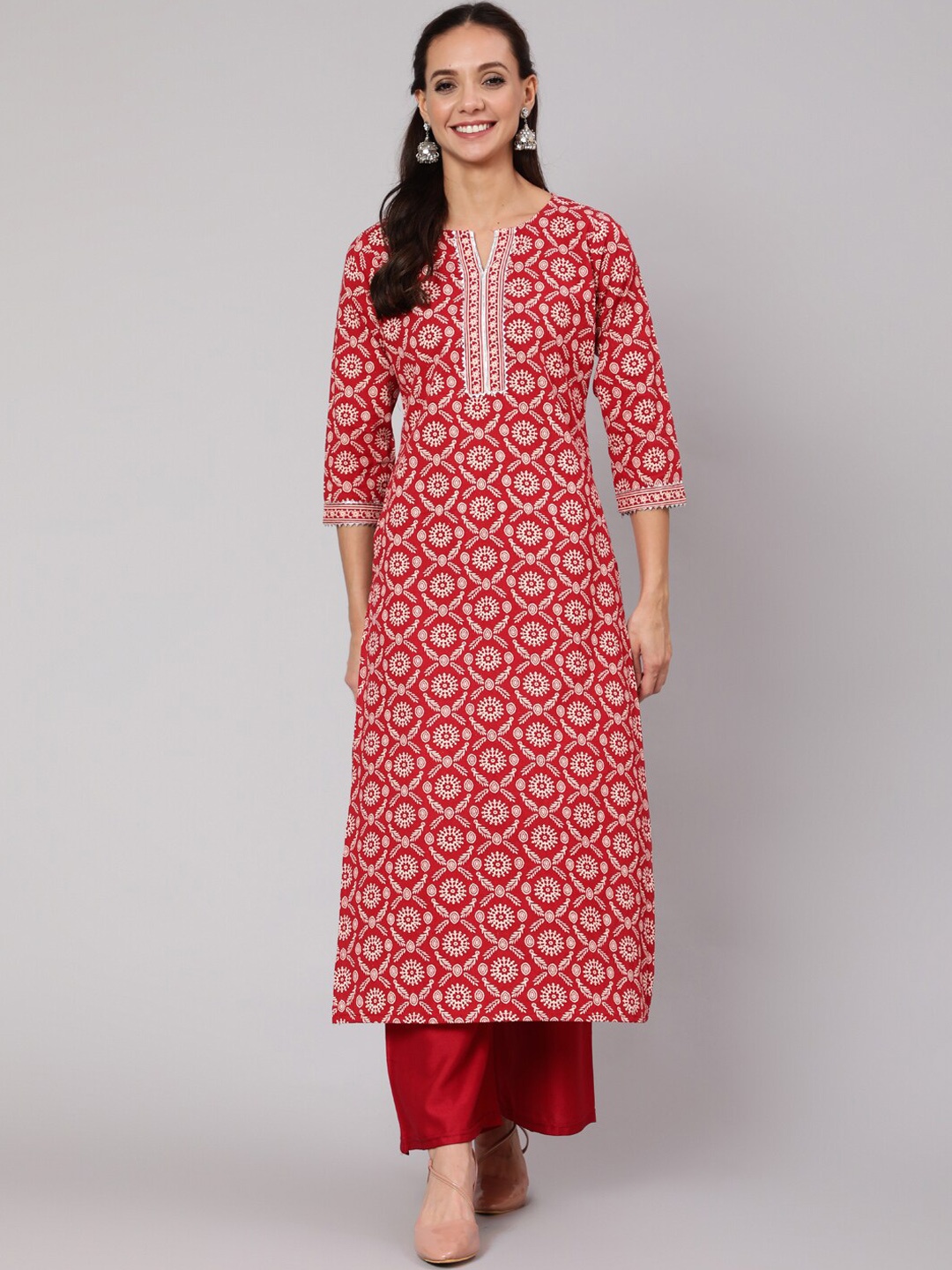 

AASI - HOUSE OF NAYO Women Red Ethnic Motifs Printed Keyhole Neck Gotta Patti Kurta