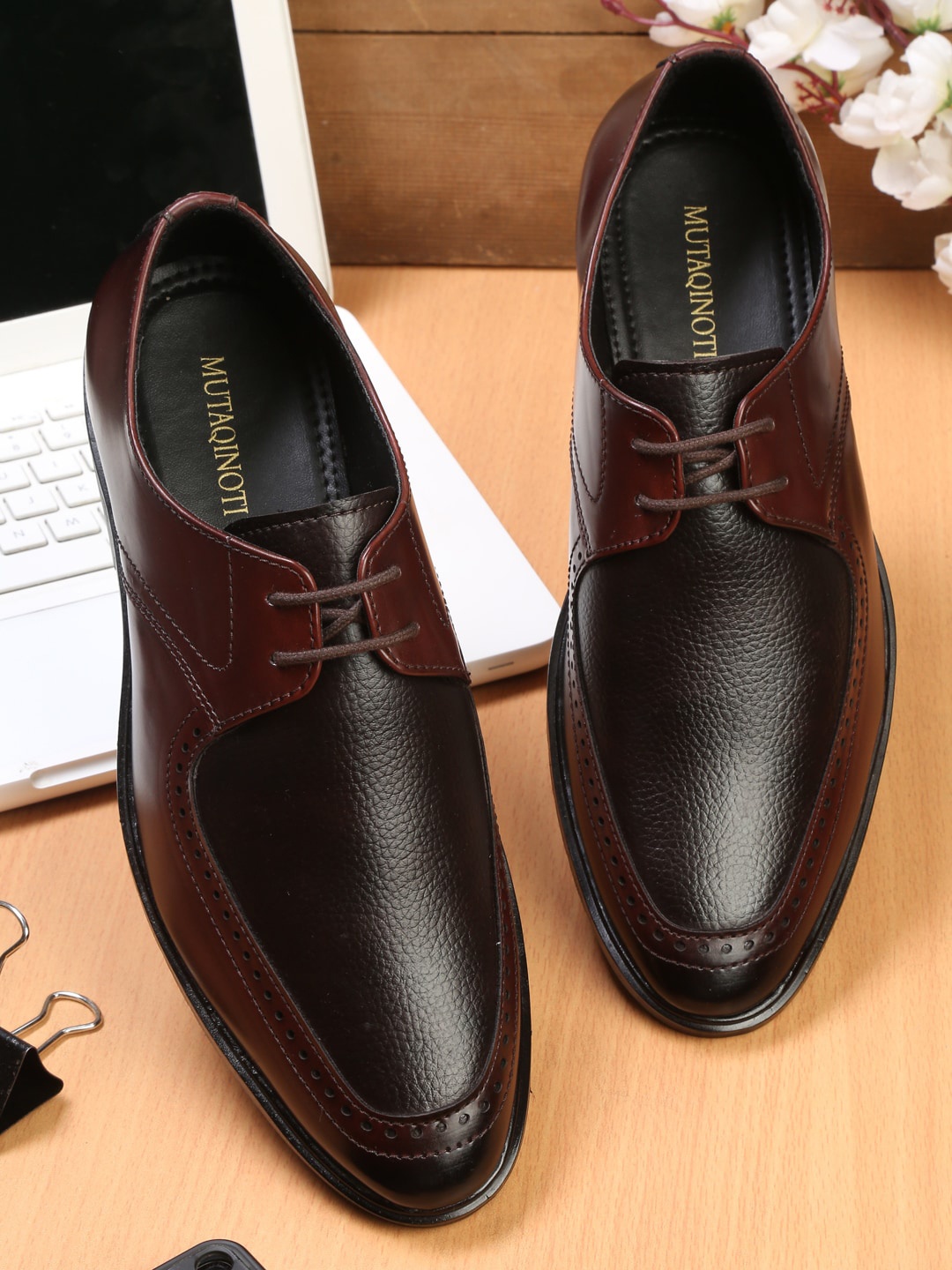 

MUTAQINOTI Men Burgundy & Black Patent Leather Derbys