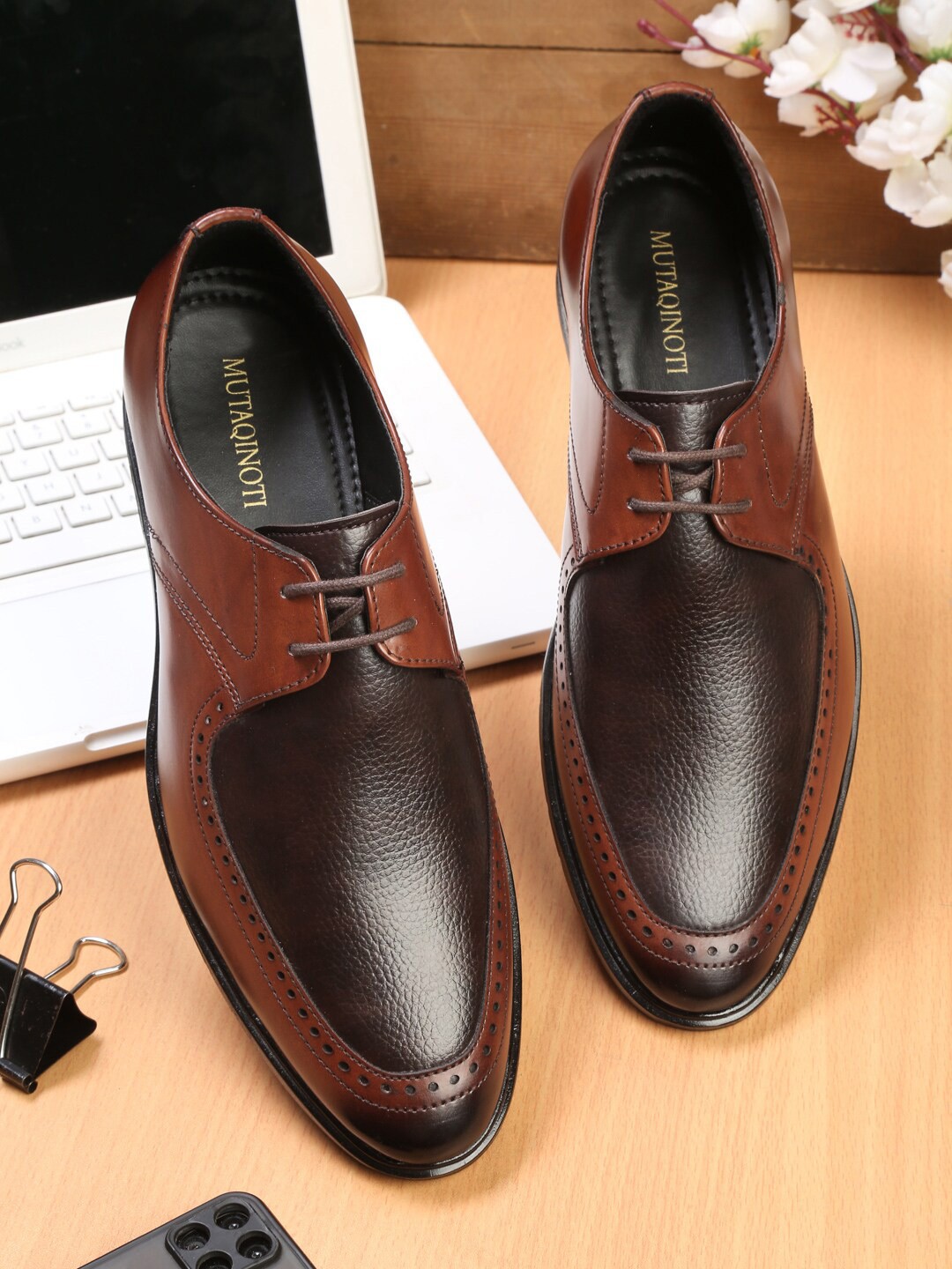 

MUTAQINOTI Men Cinnamon Brown Solid Patent Leather Formal Derby Shoes
