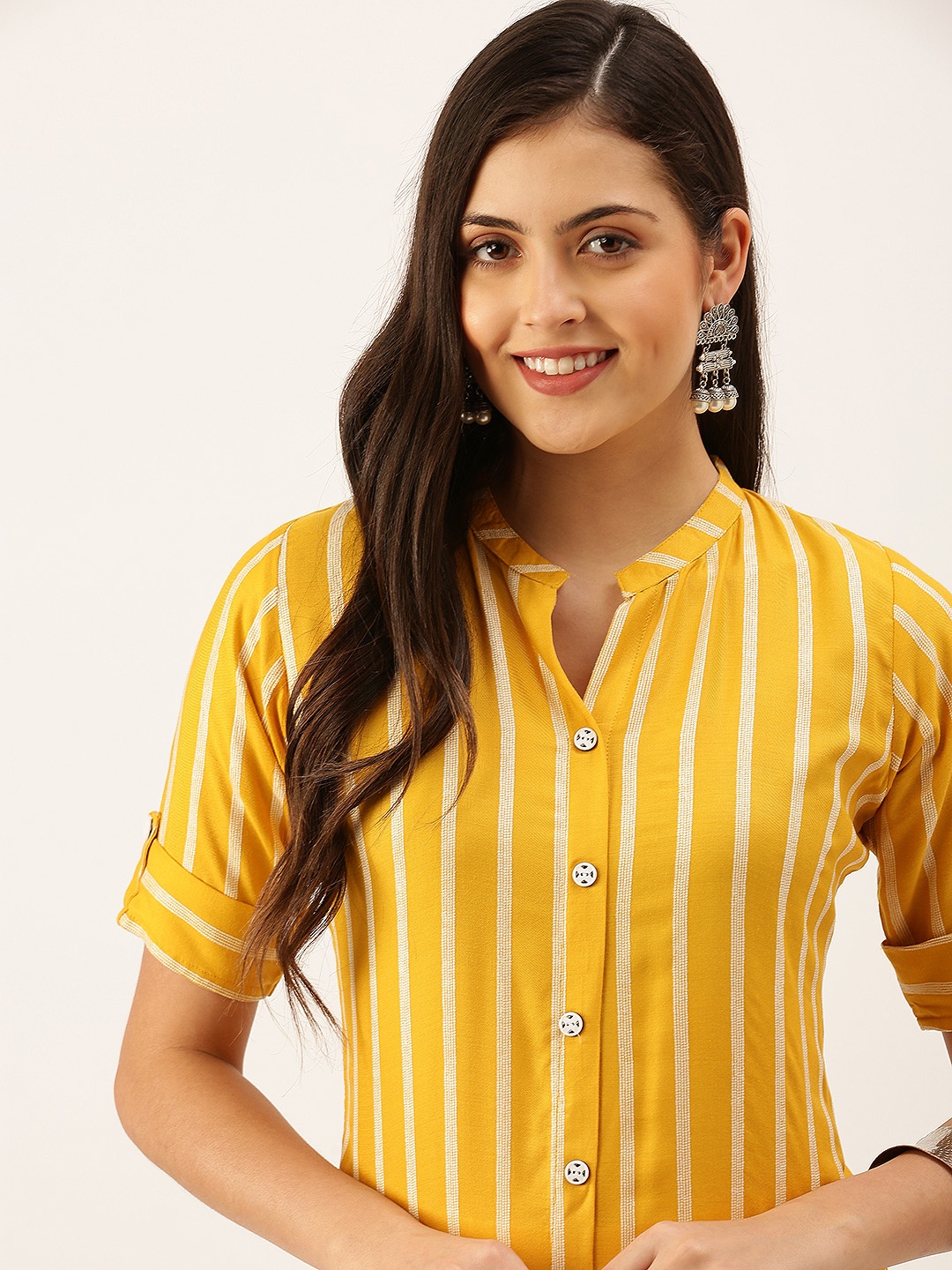 

SHOWOFF Women Mustard Yellow Striped Keyhole Neck Thread Work Dobby Kurta