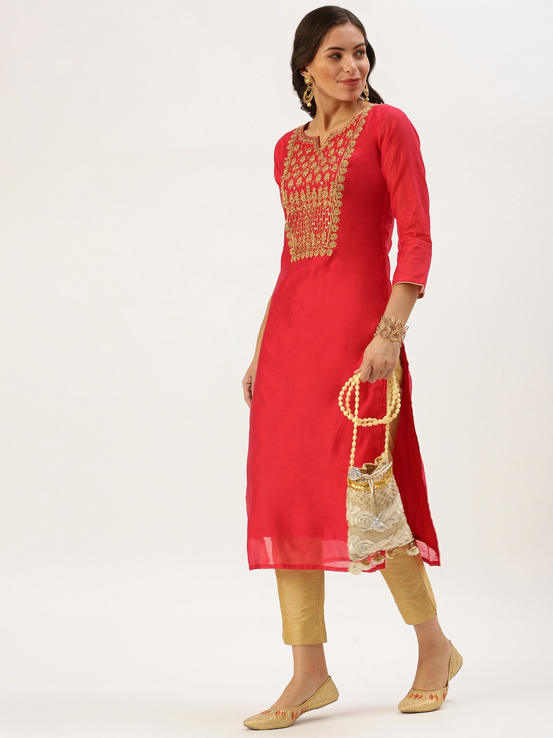 

SHOWOFF Women Red Yoke Design Embellished Kurta