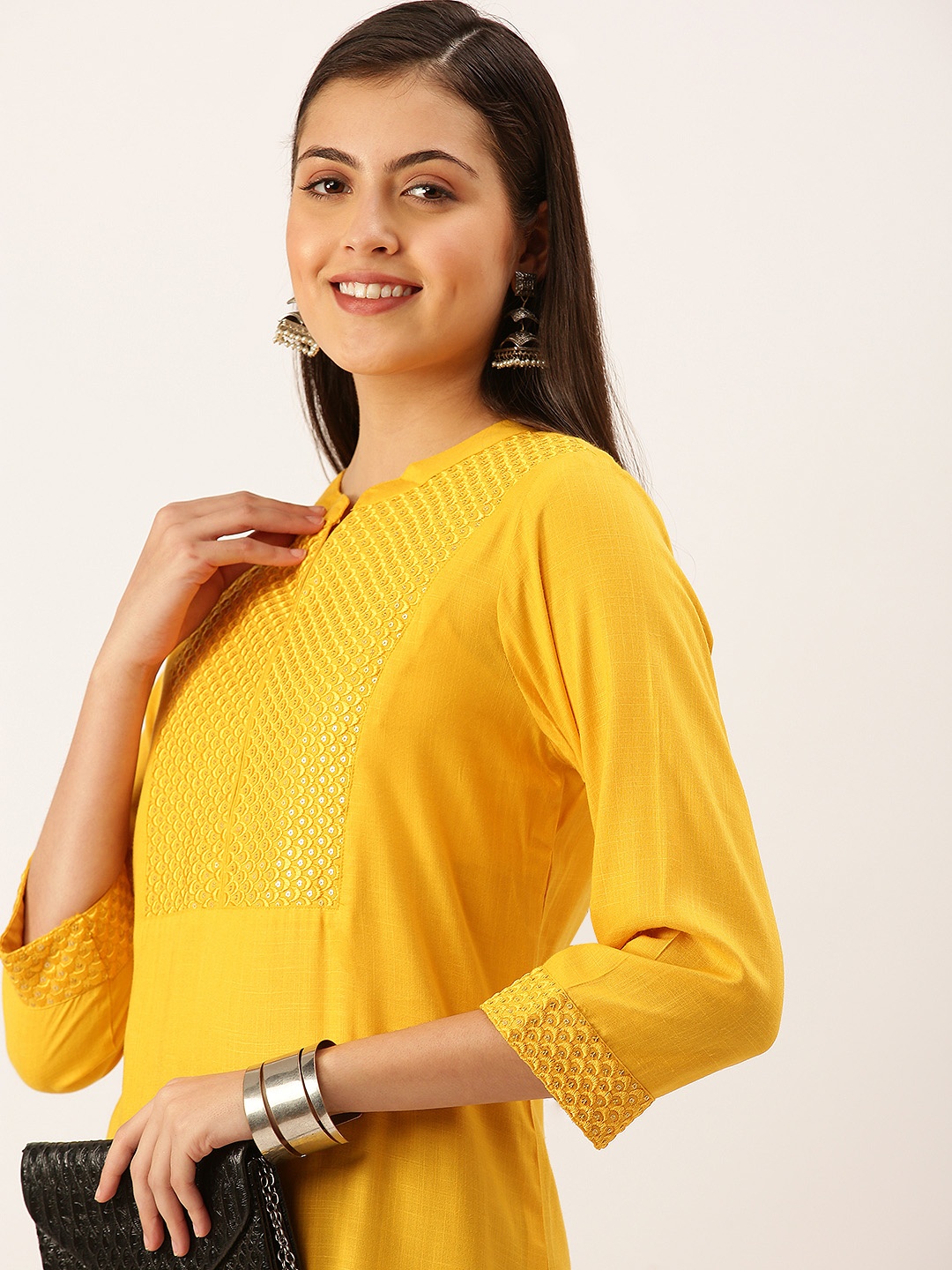 

SHOWOFF Women Mustard Yellow Thread Work Anarkali Kurta