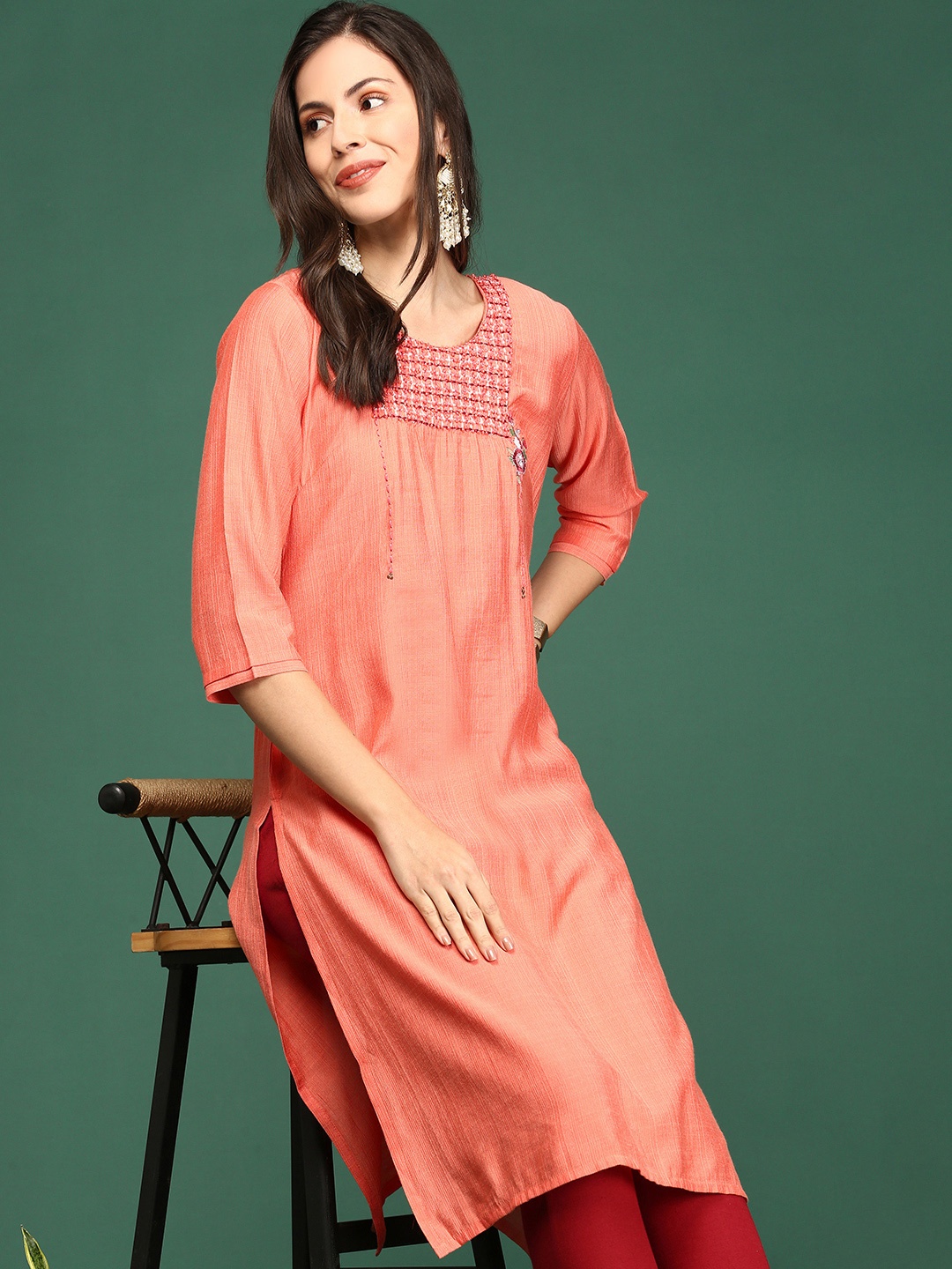 

SHOWOFF Women Orange Solid A-line Kurta