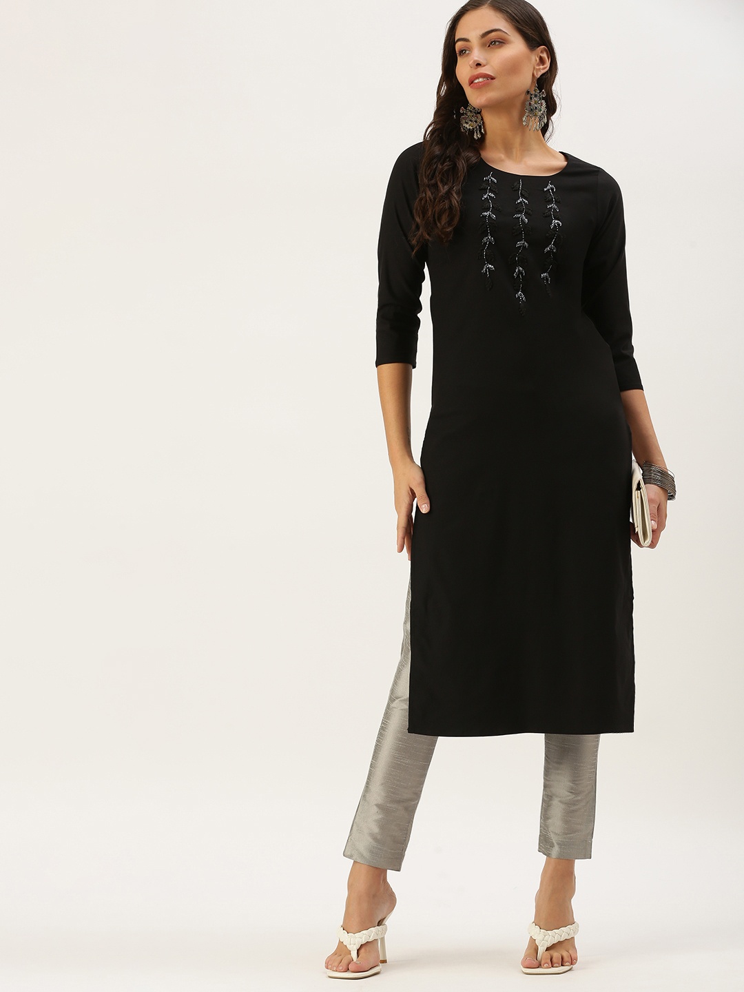 

SHOWOFF Women Black Yoke Design Straight Kurta